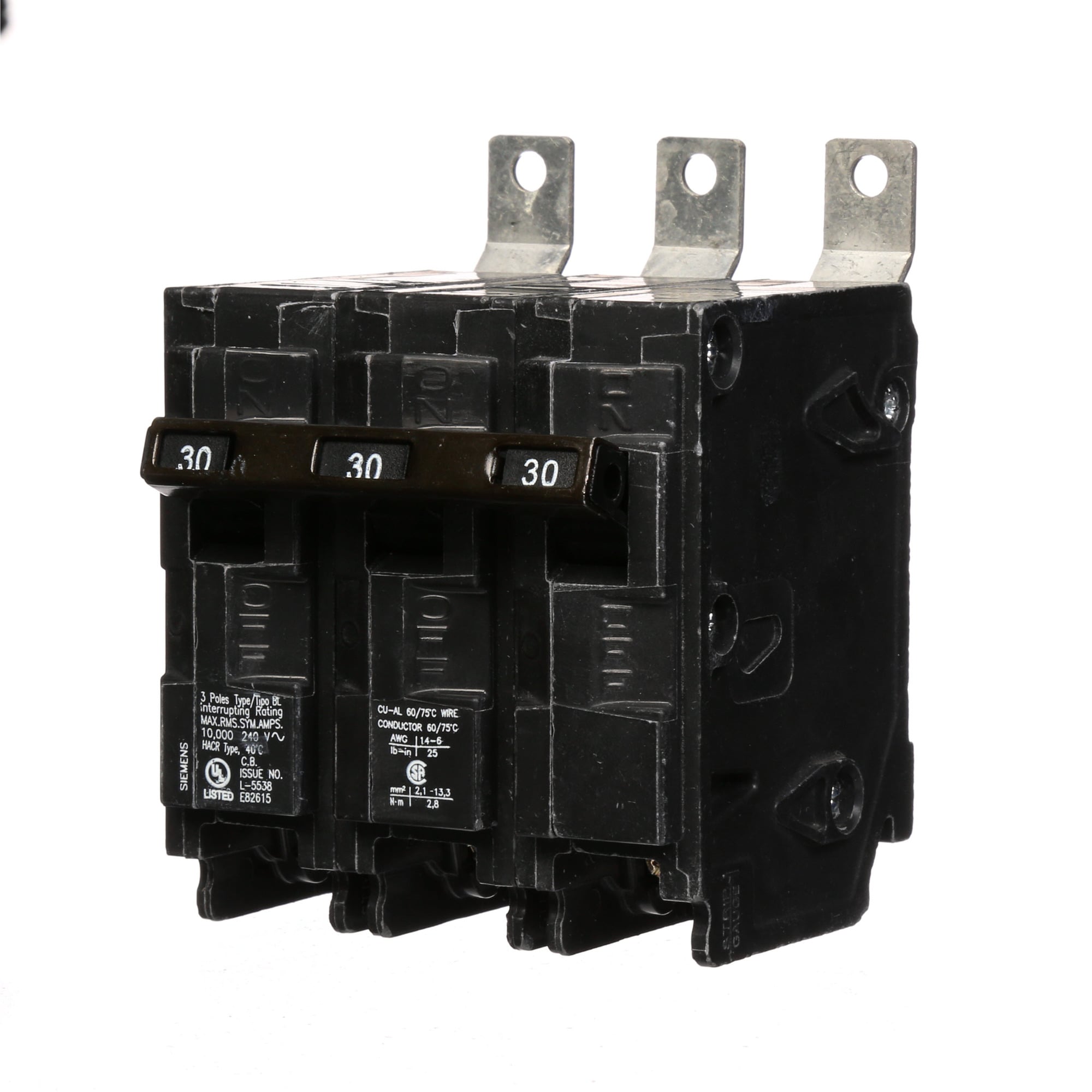  Low Voltage Molded Case Circuit Breakers Panelboard Mounting 240V Circuit Breakers - Type BL, 3-Pole, 240VAC are Circuit Protection Molded Case CircuitBreakers. Type BL Application Electrical Distribution Standard UL 489 Voltage Rating 240V Amperage Rating 30A Trip Range Thermal Magnetic Interrupt Rating 10 AIC Number Of Poles 3P