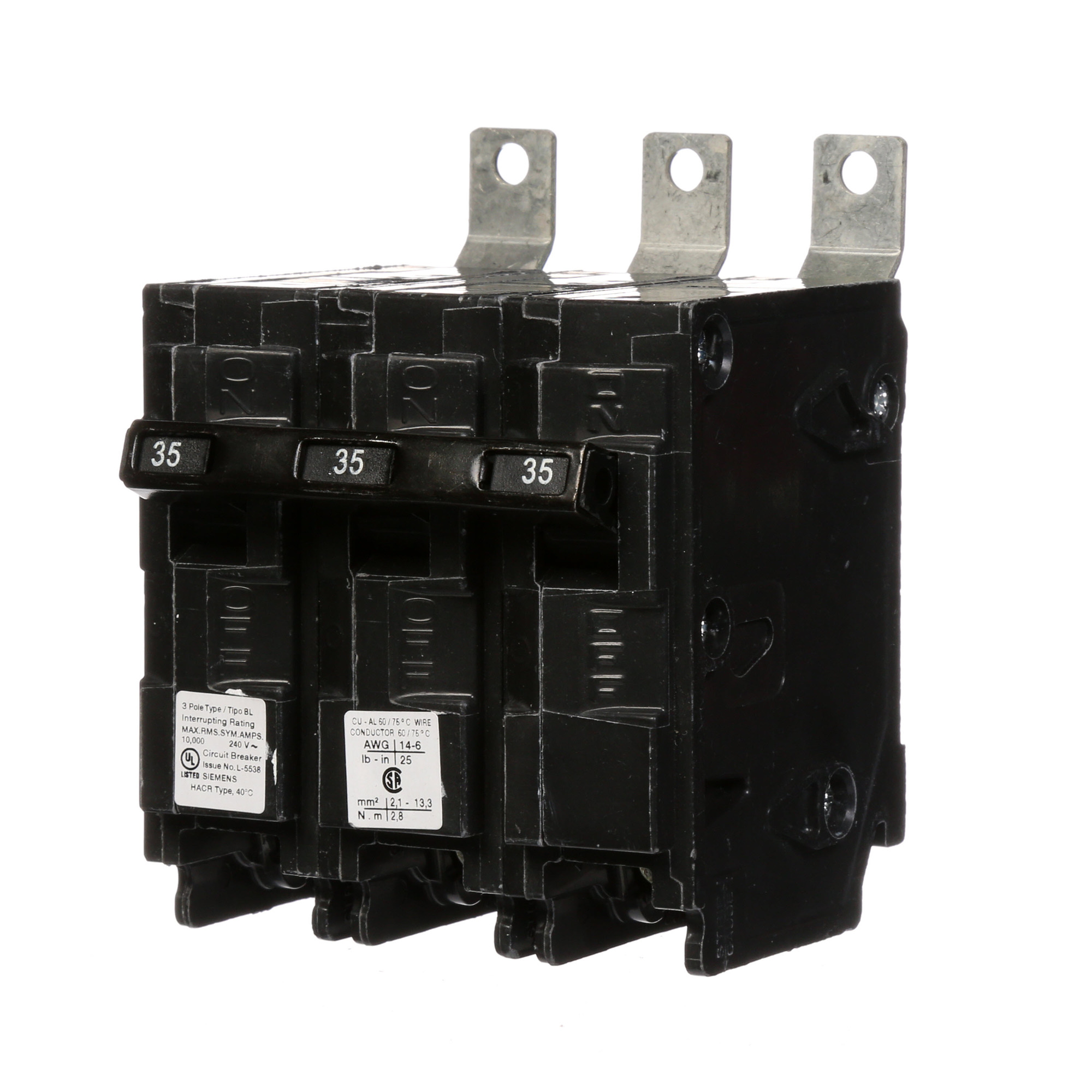  Low Voltage Molded Case Circuit Breakers Panelboard Mounting 240V Circuit Breakers - Type BL, 3-Pole, 240VAC are Circuit Protection Molded Case CircuitBreakers. Type BL Application Electrical Distribution Standard UL 489 Voltage Rating 240V Amperage Rating 35A Trip Range Thermal Magnetic Interrupt Rating 10 AIC Number Of Poles 3P