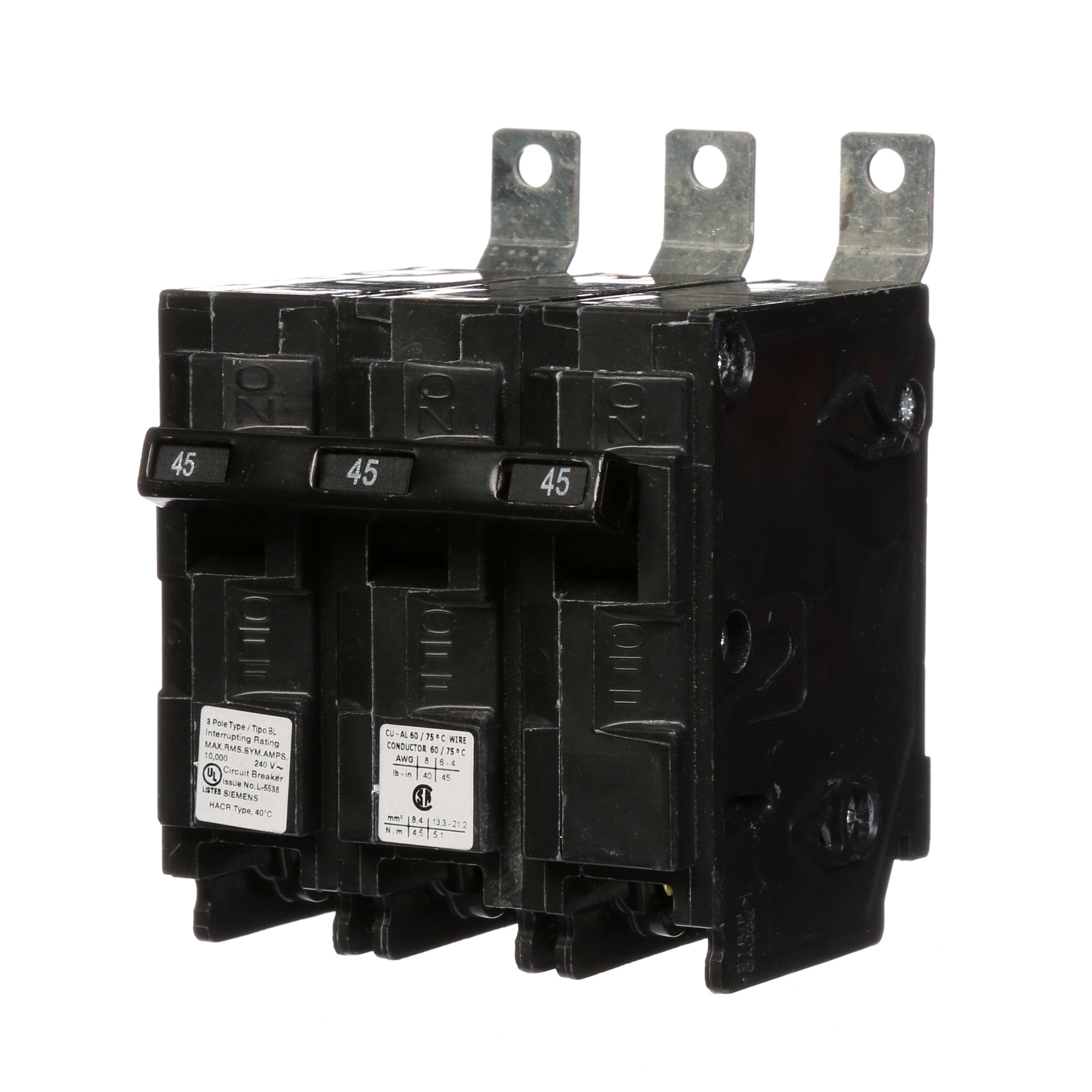  Low Voltage Molded Case Circuit Breakers Panelboard Mounting 240V Circuit Breakers - Type BL, 3-Pole, 240VAC are Circuit Protection Molded Case CircuitBreakers. Type BL Application Electrical Distribution Standard UL 489 Voltage Rating 240V Amperage Rating 45A Trip Range Thermal Magnetic Interrupt Rating 10 AIC Number Of Poles 3P