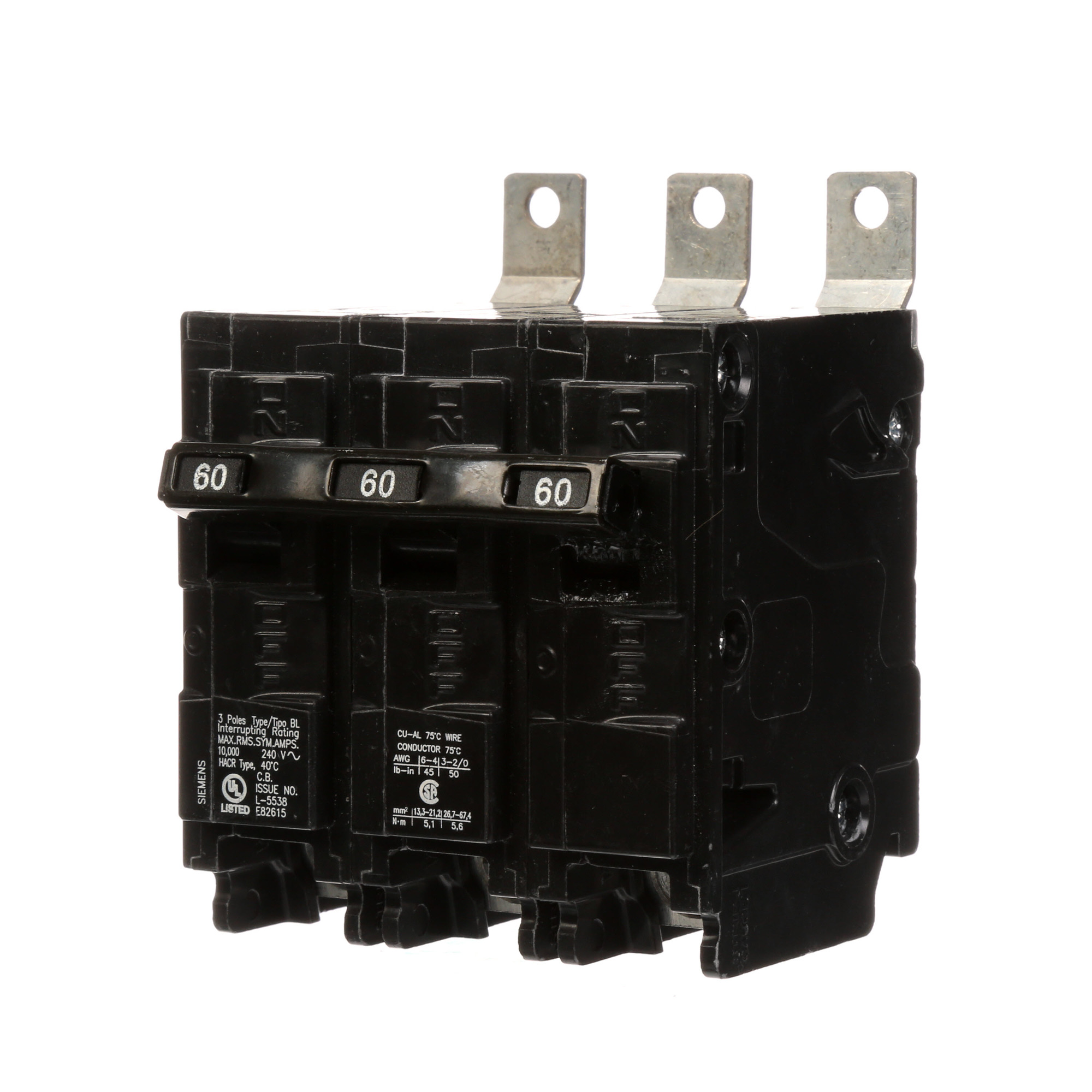  Low Voltage Molded Case Circuit Breakers Panelboard Mounting 240V Circuit Breakers - Type BL, 3-Pole, 240VAC are Circuit Protection Molded Case CircuitBreakers. Type BL Application Electrical Distribution Standard UL 489 Voltage Rating 240V Amperage Rating 60A Trip Range Thermal Magnetic Interrupt Rating 10 AIC Number Of Poles 3P