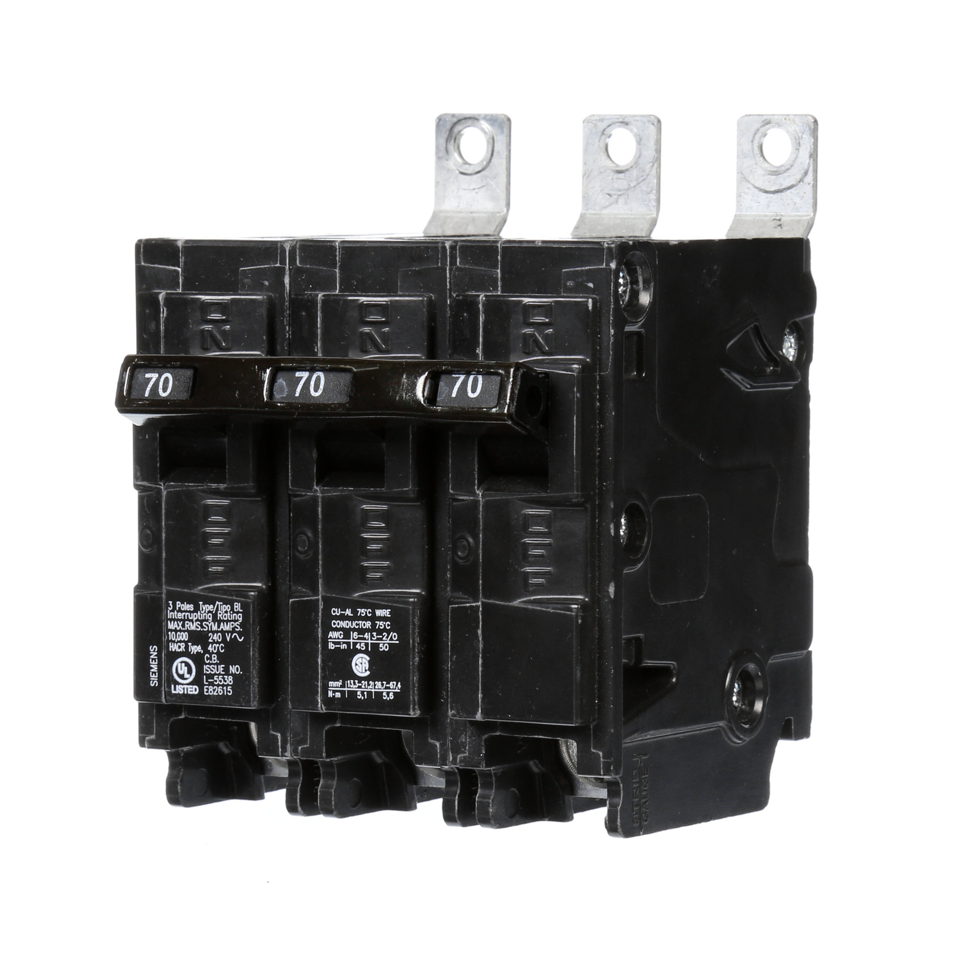  Low Voltage Molded Case Circuit Breakers Panelboard Mounting 240V Circuit Breakers - Type BL, 3-Pole, 240VAC are Circuit Protection Molded Case CircuitBreakers. Type BL Application Electrical Distribution Standard UL 489 Voltage Rating 240V Amperage Rating 70A Trip Range Thermal Magnetic Interrupt Rating 10 AIC Number Of Poles 3P