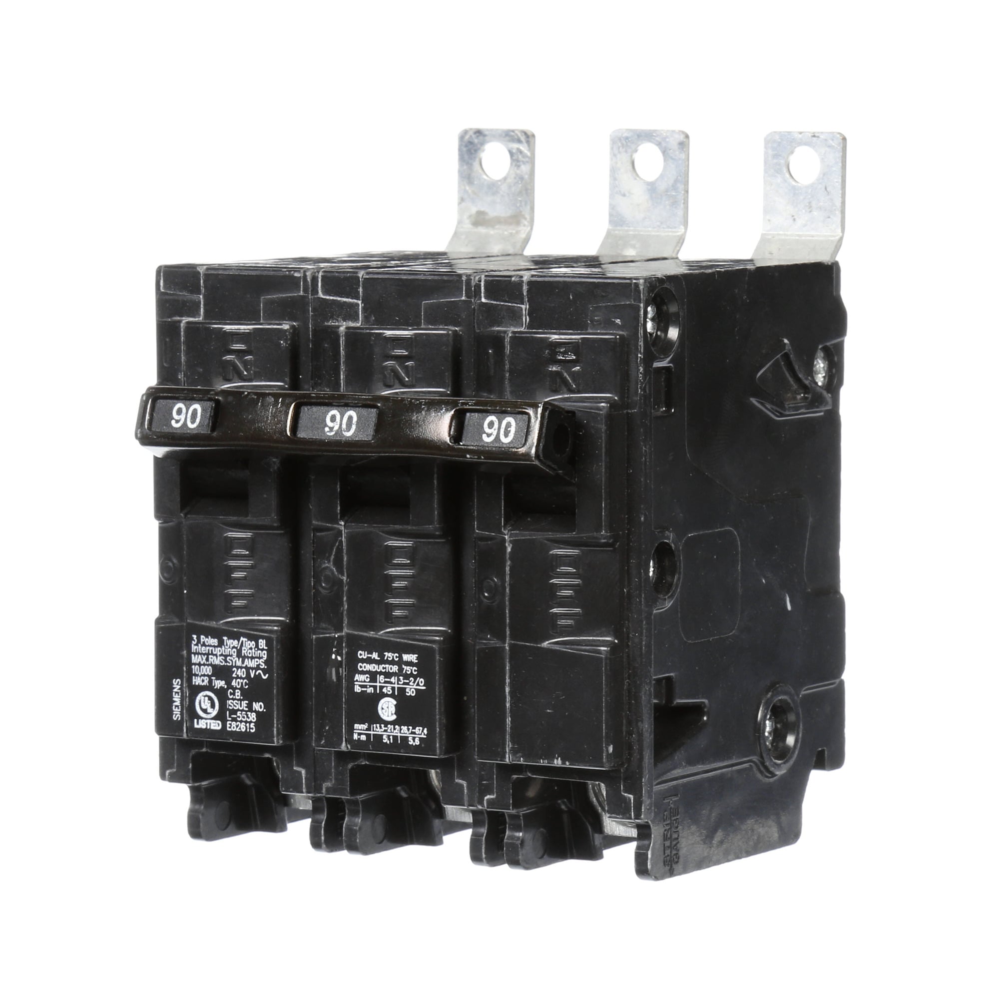 B390 Type BL Low Voltage Molded Case Circuit Breaker, 240 V AC, 90 A, 10 kA Interrupt, 3 Poles, Thermal Magnetic Trip
