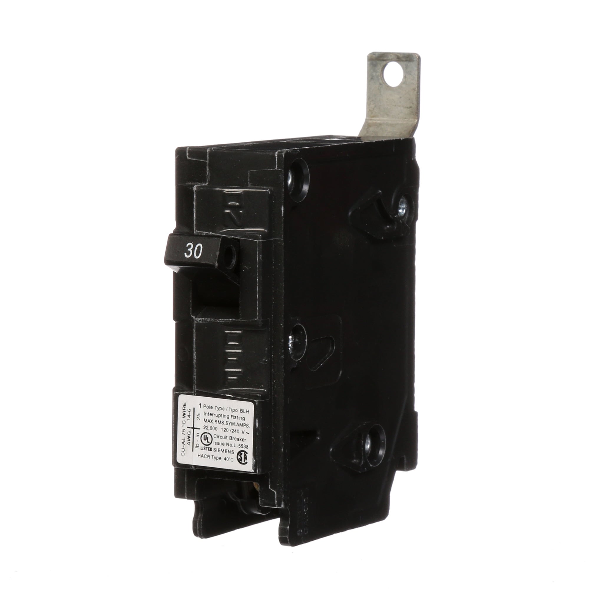  Low Voltage Molded Case Circuit Breakers Panelboard Mounting 240V Circuit Breakers - Type BL, 1-Pole, 120VAC are Circuit Protection Molded Case CircuitBreakers. Type BLH Application Electrical Distribution Standard UL 489 Voltage Rating 120V Amperage Rating 30A Trip Range Thermal Magnetic Interrupt Rating 22 AIC Number Of Poles 1P