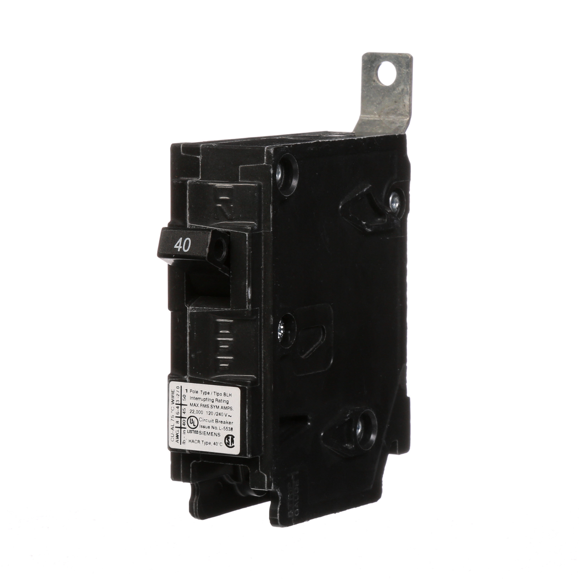  Low Voltage Molded Case Circuit Breakers Panelboard Mounting 240V Circuit Breakers - Type BL, 1-Pole, 120VAC are Circuit Protection Molded Case CircuitBreakers. Type BLH Application Electrical Distribution Standard UL 489 Voltage Rating 120V Amperage Rating 40A Trip Range Thermal Magnetic Interrupt Rating 22 AIC Number Of Poles 1P