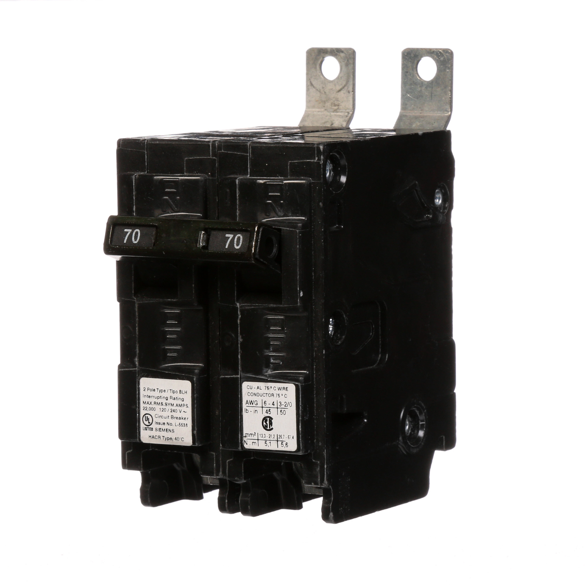  Low Voltage Molded Case Circuit Breakers Panelboard Mounting 240V Circuit Breakers - Type BL, 2-Pole, 120/240VAC are Circuit Protection Molded Case Circuit Breakers. Type BLH Application Electrical Distribution Standard UL 489 Voltage Rating 120/240V A mperage Rating 70A Trip Range Thermal Magnetic Interrupt Rating 22 AIC Number Of Poles 2P