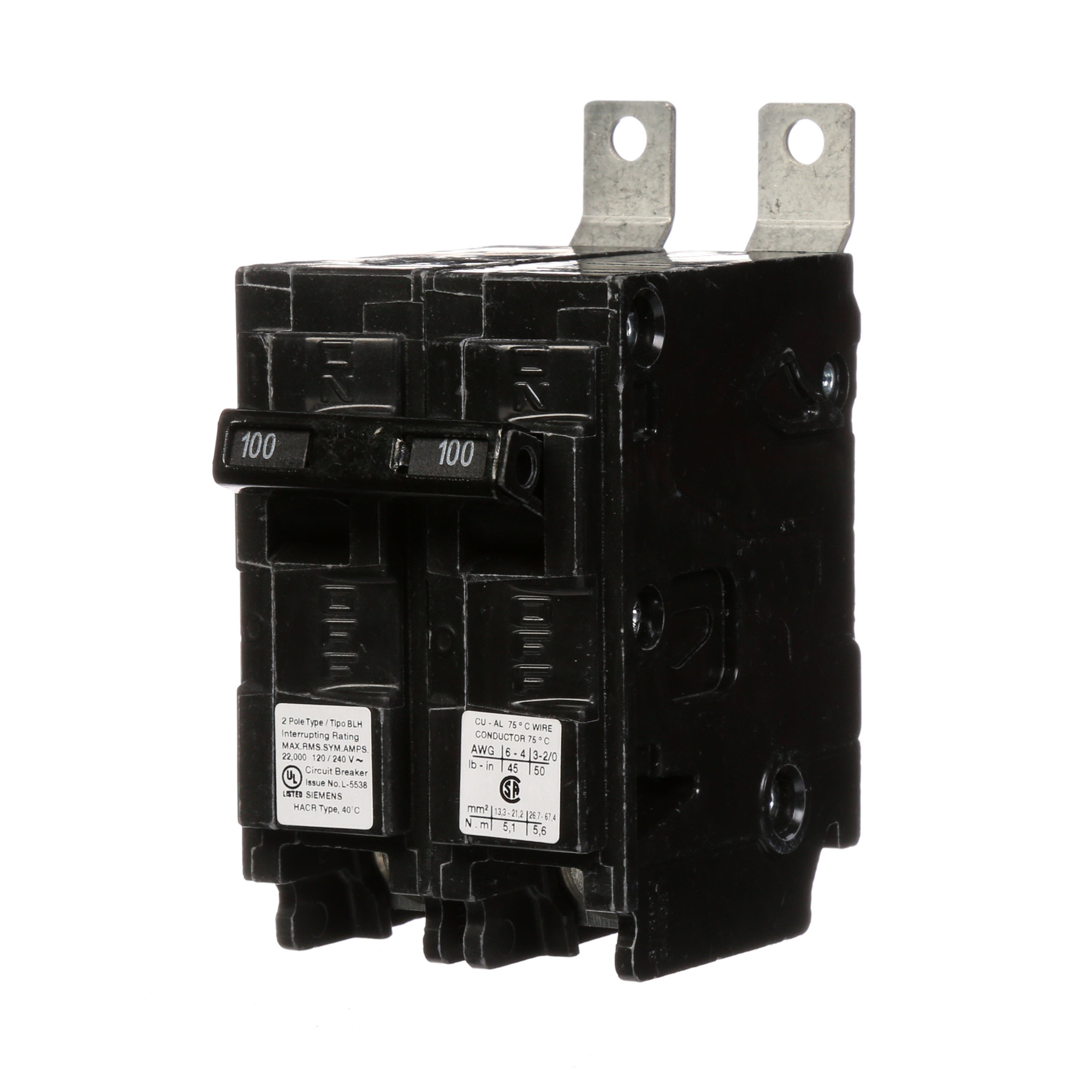  Low Voltage Molded Case Circuit Breakers Panelboard Mounting 240V Circuit Breakers - Type BL, 2-Pole, 120/240VAC are Circuit Protection Molded Case Circuit Breakers. Type BLH Application Electrical Distribution Standard UL 489 Voltage Rating 120/240V A mperage Rating 100A Trip Range Thermal Magnetic Interrupt Rating 22 AIC Number Of Poles 2P