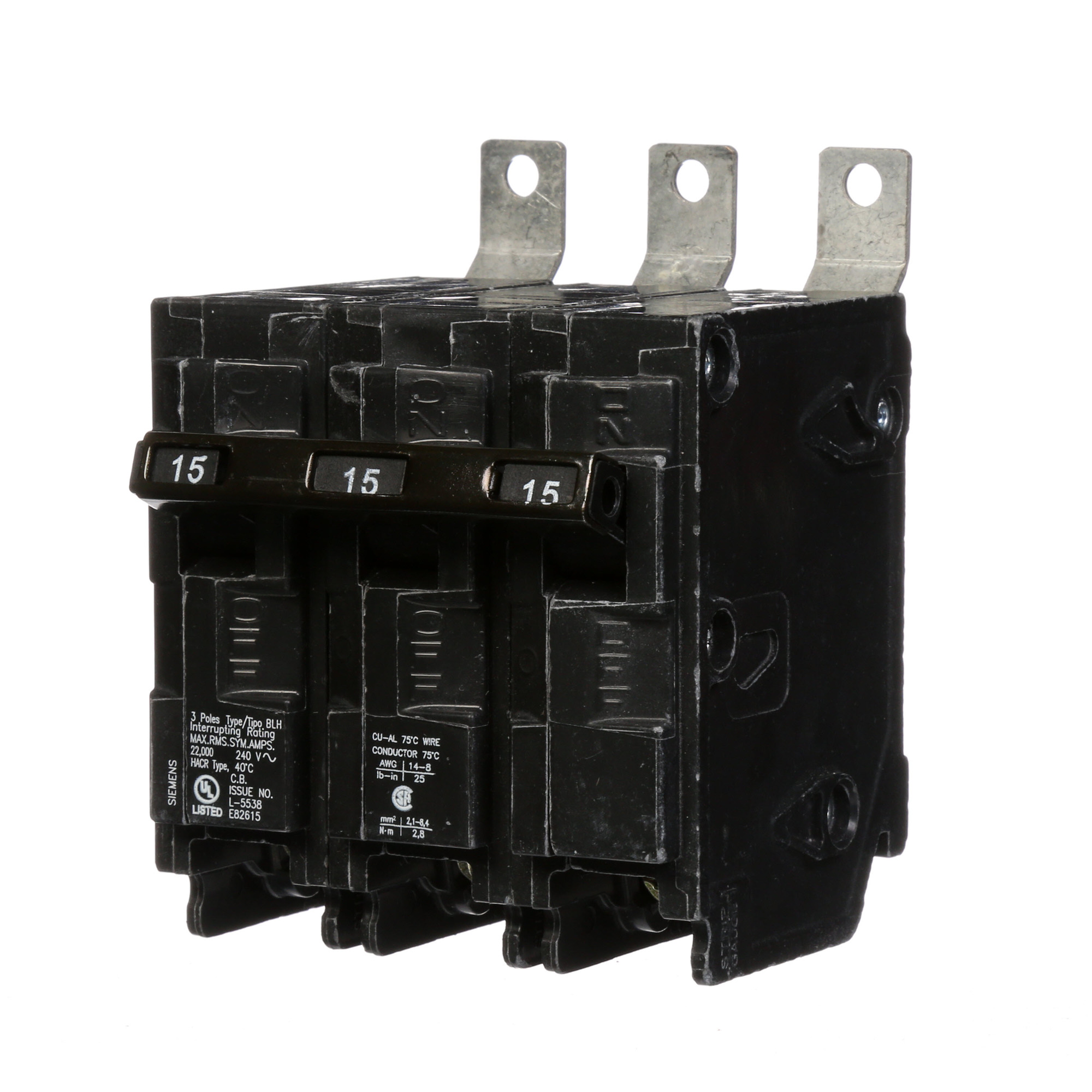 Low Voltage Molded Case Circuit Breakers Panelboard Mounting 240V Circuit Breakers - Type BL, 3-Pole, 240VAC are Circuit Protection Molded Case CircuitBreakers. Type BLH Application Electrical Distribution Standard UL 489 Voltage Rating 240V Amperage Rating 15A Trip Range Thermal Magnetic Interrupt Rating 22 AIC Number Of Poles 3P