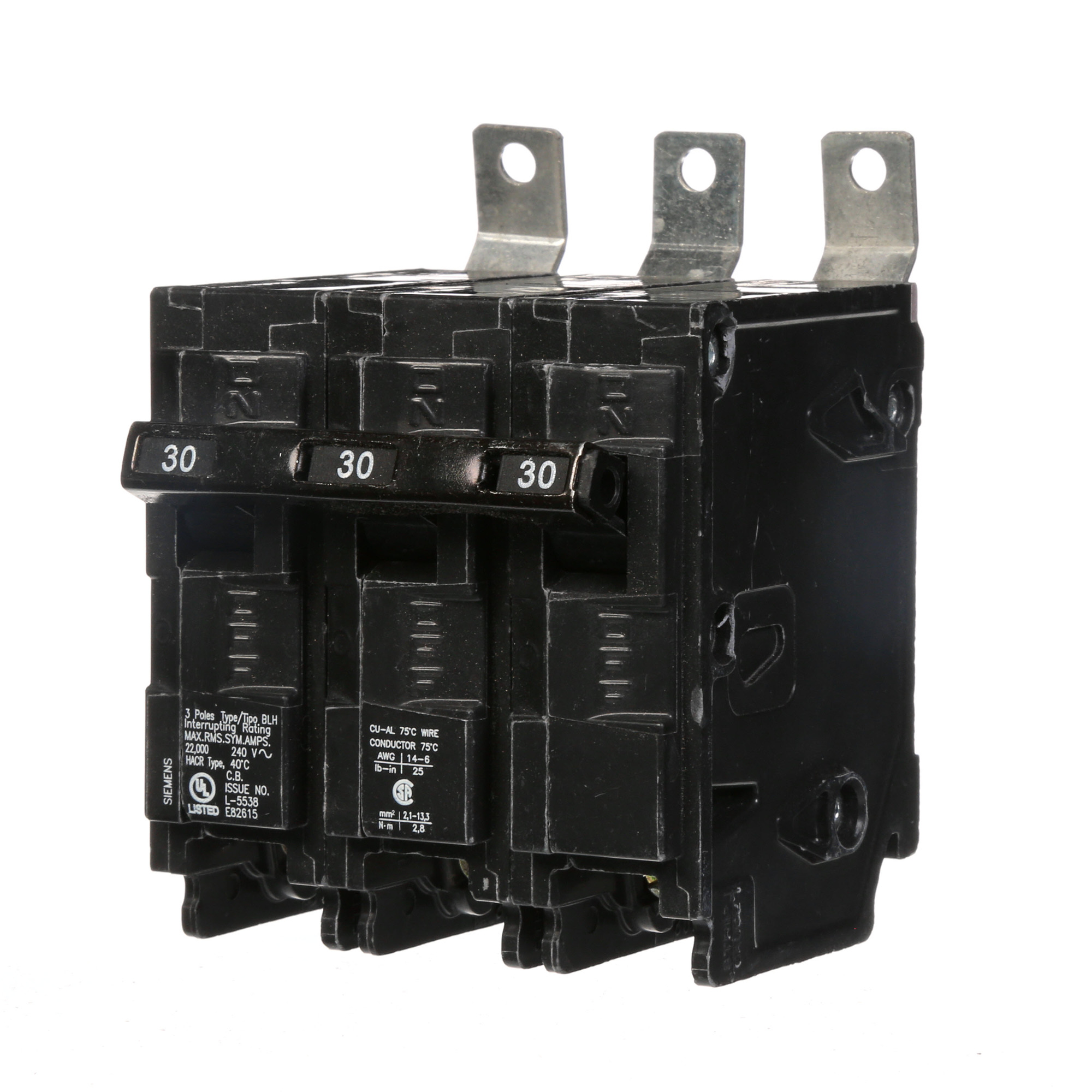  Low Voltage Molded Case Circuit Breakers Panelboard Mounting 240V Circuit Breakers - Type BL, 3-Pole, 240VAC are Circuit Protection Molded Case CircuitBreakers. Type BLH Application Electrical Distribution Standard UL 489 Voltage Rating 240V Amperage Rating 30A Trip Range Thermal Magnetic Interrupt Rating 22 AIC Number Of Poles 3P