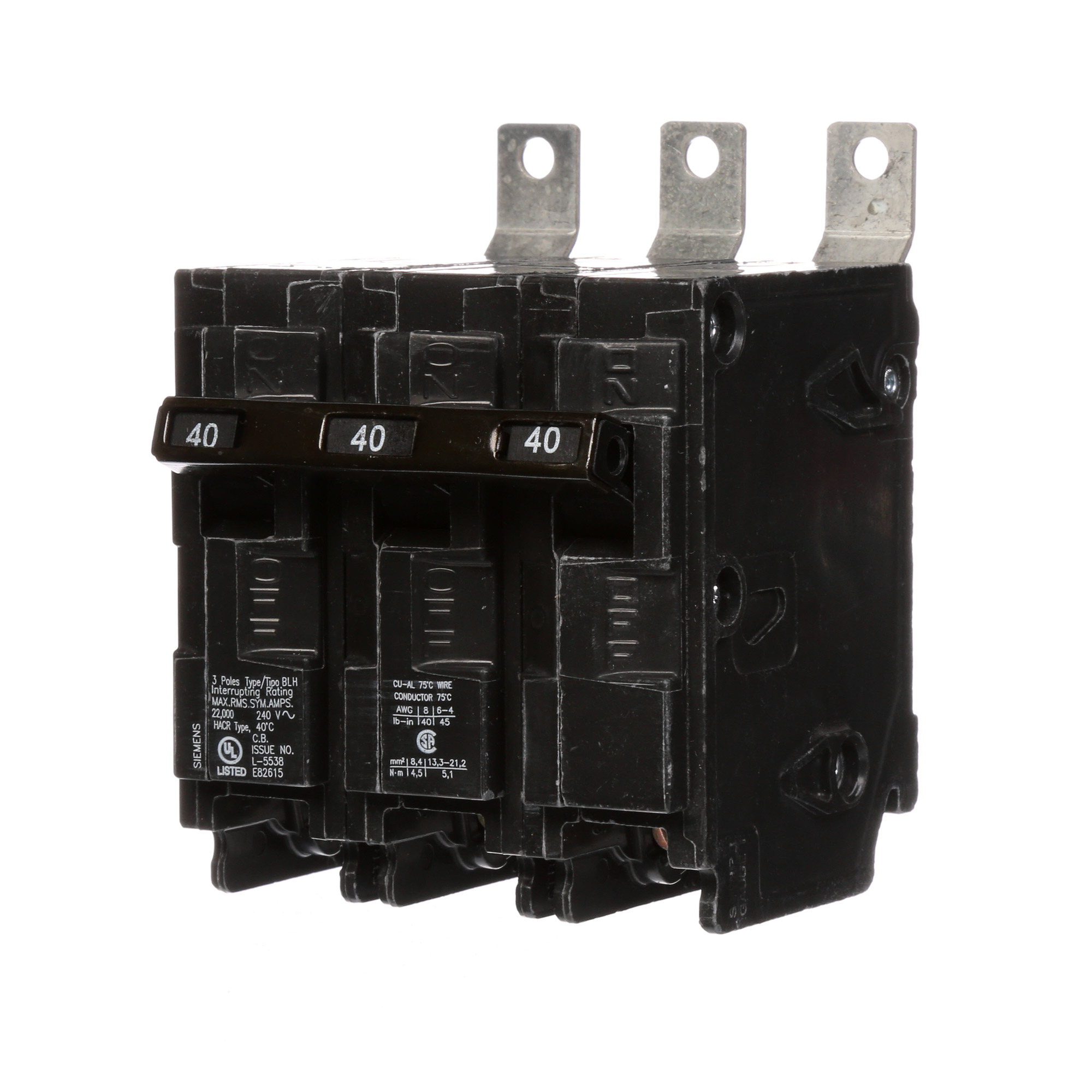  Low Voltage Molded Case Circuit Breakers Panelboard Mounting 240V Circuit Breakers - Type BL, 3-Pole, 240VAC are Circuit Protection Molded Case CircuitBreakers. Type BLH Application Electrical Distribution Standard UL 489 Voltage Rating 240V Amperage Rating 40A Trip Range Thermal Magnetic Interrupt Rating 22 AIC Number Of Poles 3P