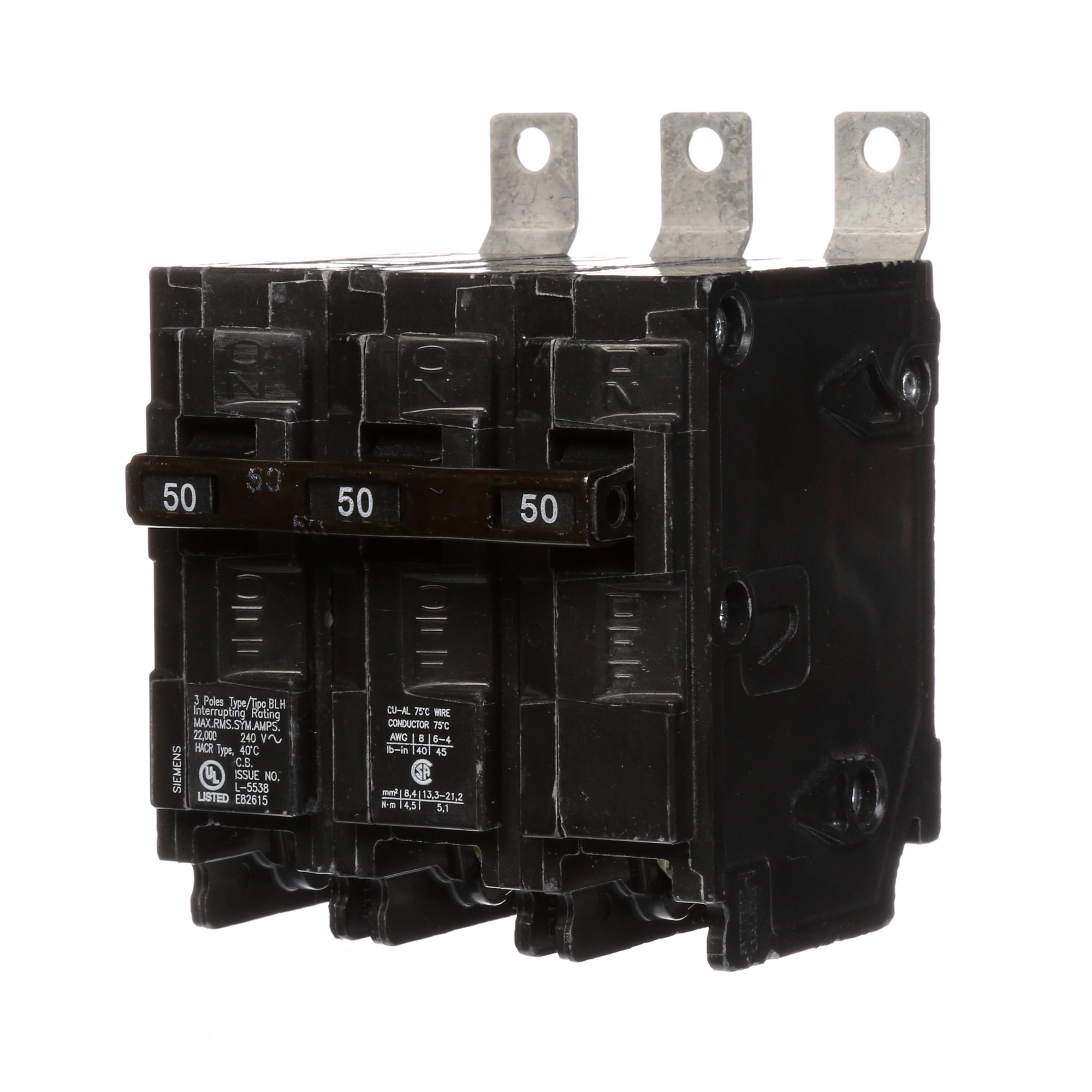  Low Voltage Molded Case Circuit Breakers Panelboard Mounting 240V Circuit Breakers - Type BL, 3-Pole, 240VAC are Circuit Protection Molded Case CircuitBreakers. Type BLH Application Electrical Distribution Standard UL 489 Voltage Rating 240V Amperage Rating 50A Trip Range Thermal Magnetic Interrupt Rating 22 AIC Number Of Poles 3P