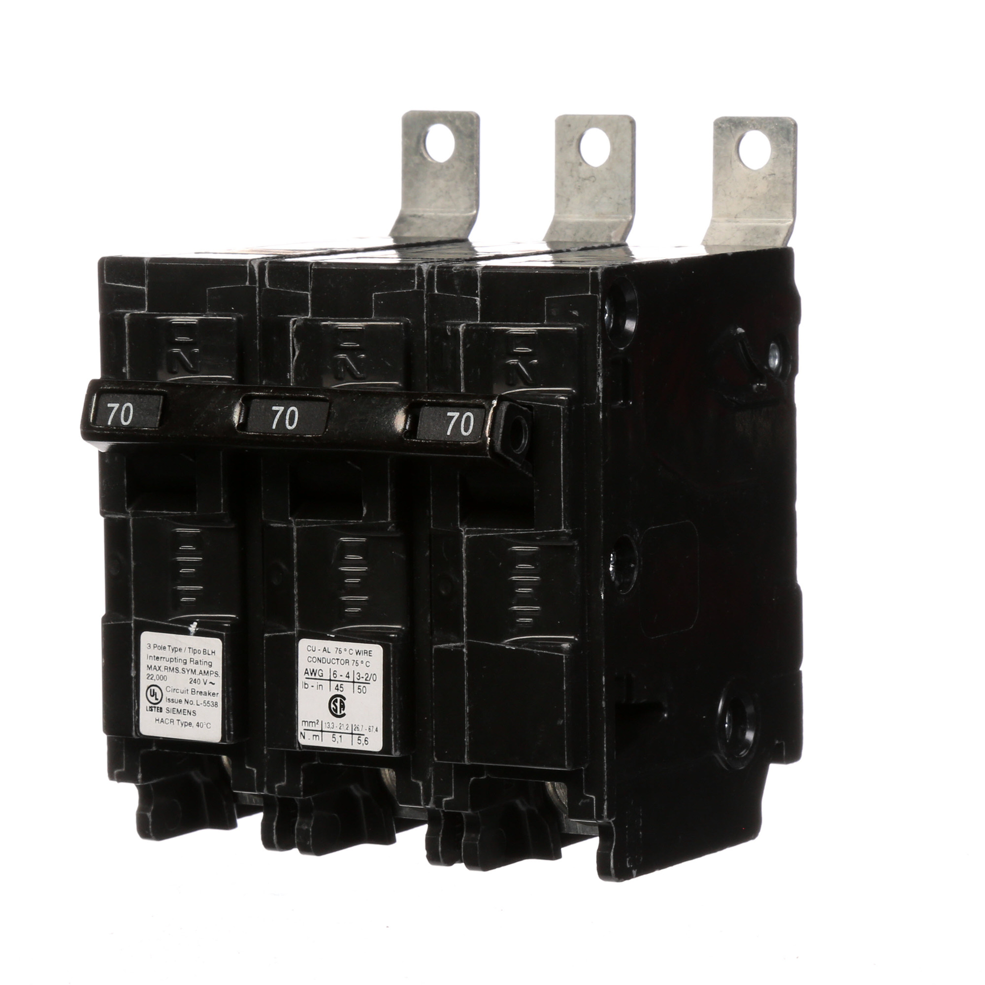  Low Voltage Molded Case Circuit Breakers Panelboard Mounting 240V Circuit Breakers - Type BL, 3-Pole, 240VAC are Circuit Protection Molded Case CircuitBreakers. Type BLH Application Electrical Distribution Standard UL 489 Voltage Rating 240V Amperage Rating 70A Trip Range Thermal Magnetic Interrupt Rating 22 AIC Number Of Poles 3P