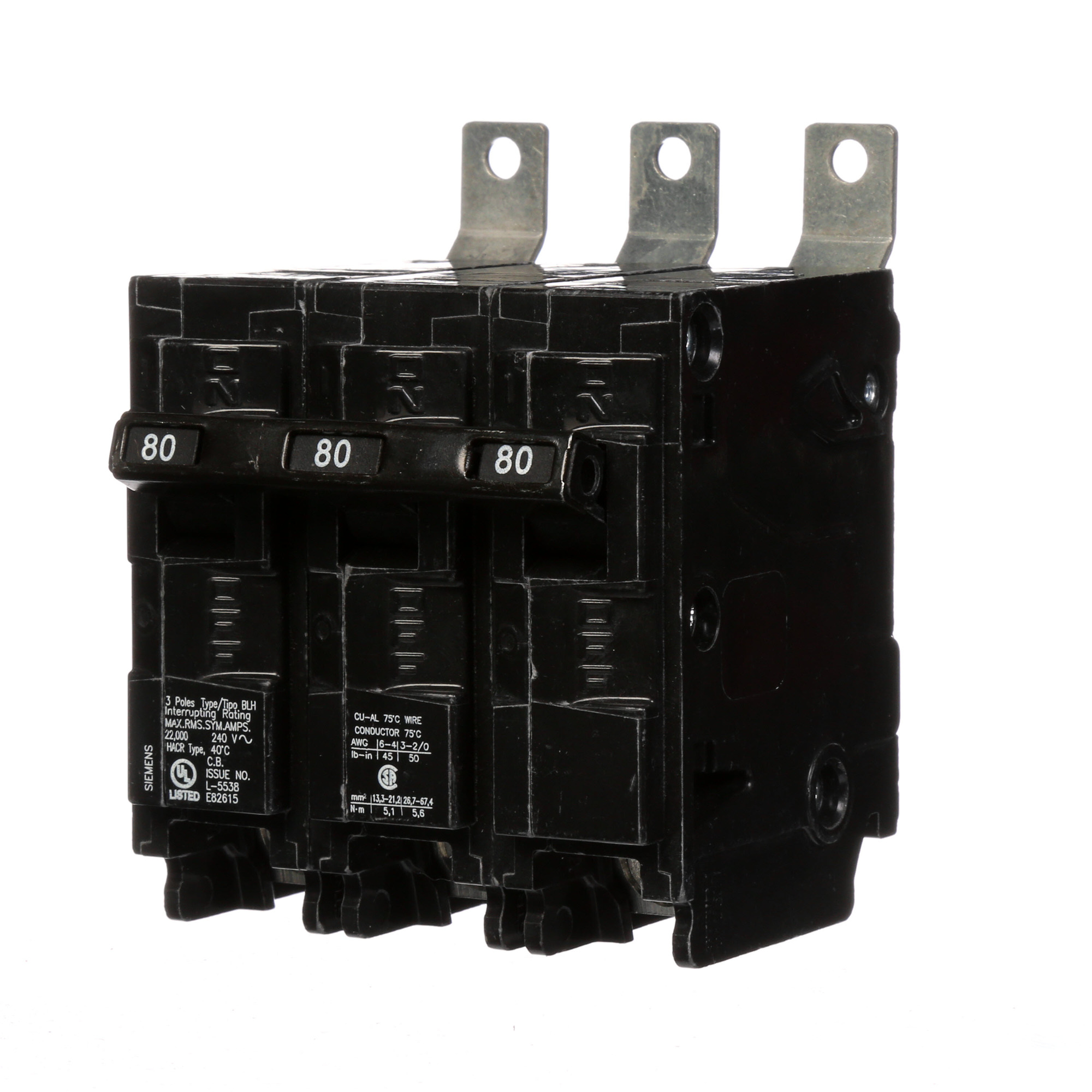  Low Voltage Molded Case Circuit Breakers Panelboard Mounting 240V Circuit Breakers - Type BL, 3-Pole, 240VAC are Circuit Protection Molded Case CircuitBreakers. Type BLH Application Electrical Distribution Standard UL 489 Voltage Rating 240V Amperage Rating 80A Trip Range Thermal Magnetic Interrupt Rating 22 AIC Number Of Poles 3P
