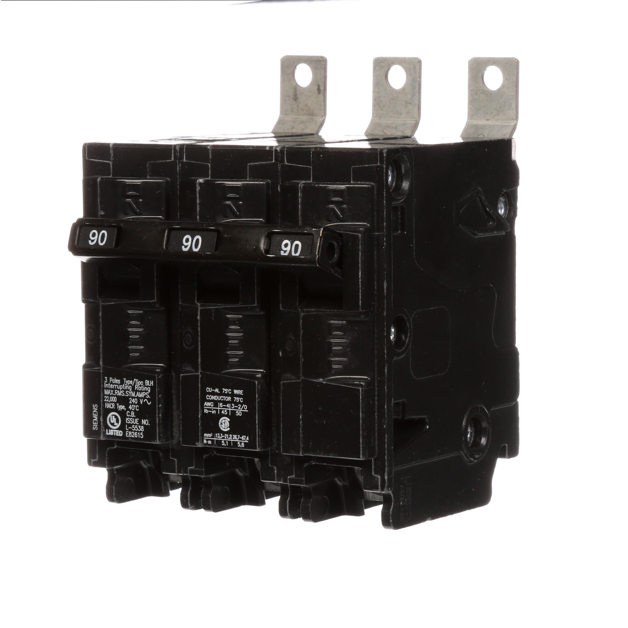  Low Voltage Molded Case Circuit Breakers Panelboard Mounting 240V Circuit Breakers - Type BL, 3-Pole, 240VAC are Circuit Protection Molded Case CircuitBreakers. Type BLH Application Electrical Distribution Standard UL 489 Voltage Rating 240V Amperage Rating 90A Trip Range Thermal Magnetic Interrupt Rating 22 AIC Number Of Poles 3P