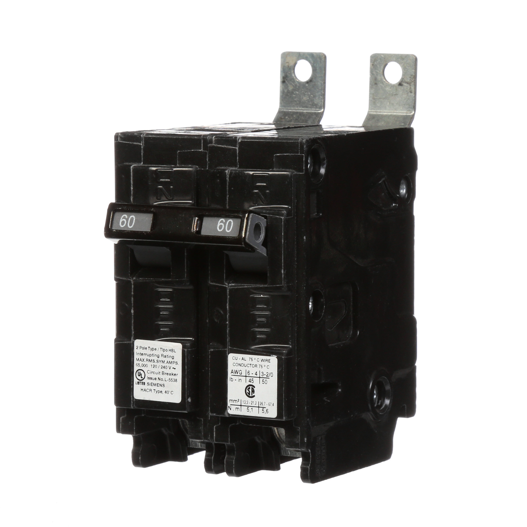  Low Voltage Molded Case Circuit Breakers Panelboard Mounting 240V Circuit Breakers - Type BL, 2-Pole, 120/240VAC are Circuit Protection Molded Case Circuit Breakers. Type HBL Application Electrical Distribution Standard UL 489 Voltage Rating 120/240V A mperage Rating 60A Trip Range Thermal Magnetic Interrupt Rating 65 AIC Number Of Poles 2P