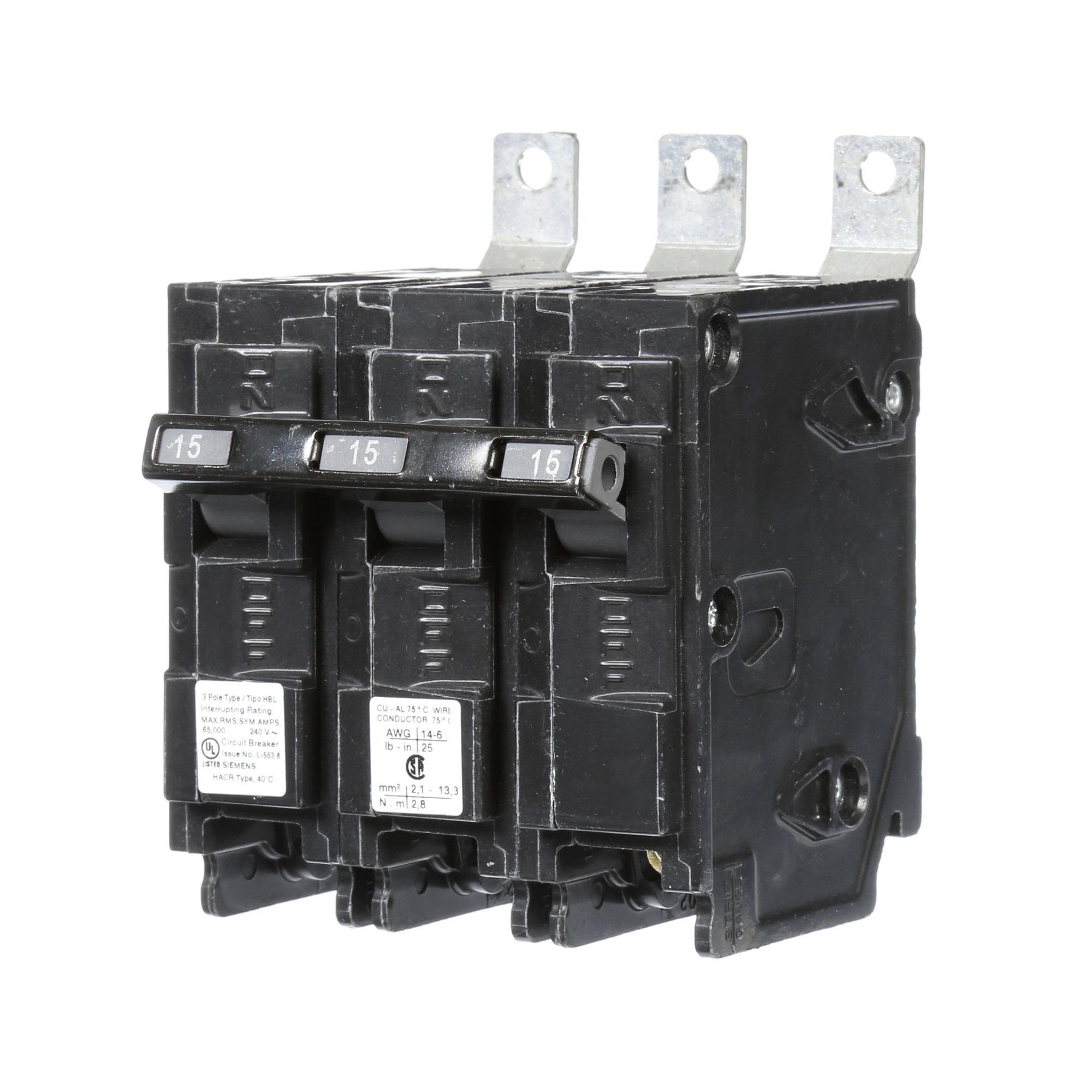  Low Voltage Molded Case Circuit Breakers Panelboard Mounting 240V Circuit Breakers - Type BL, 3-Pole, 240VAC are Circuit Protection Molded Case CircuitBreakers. Type HBL Application Electrical Distribution Standard UL 489 Voltage Rating 240V Amperage Rating 15A Trip Range Thermal Magnetic Interrupt Rating 65 AIC Number Of Poles 3P
