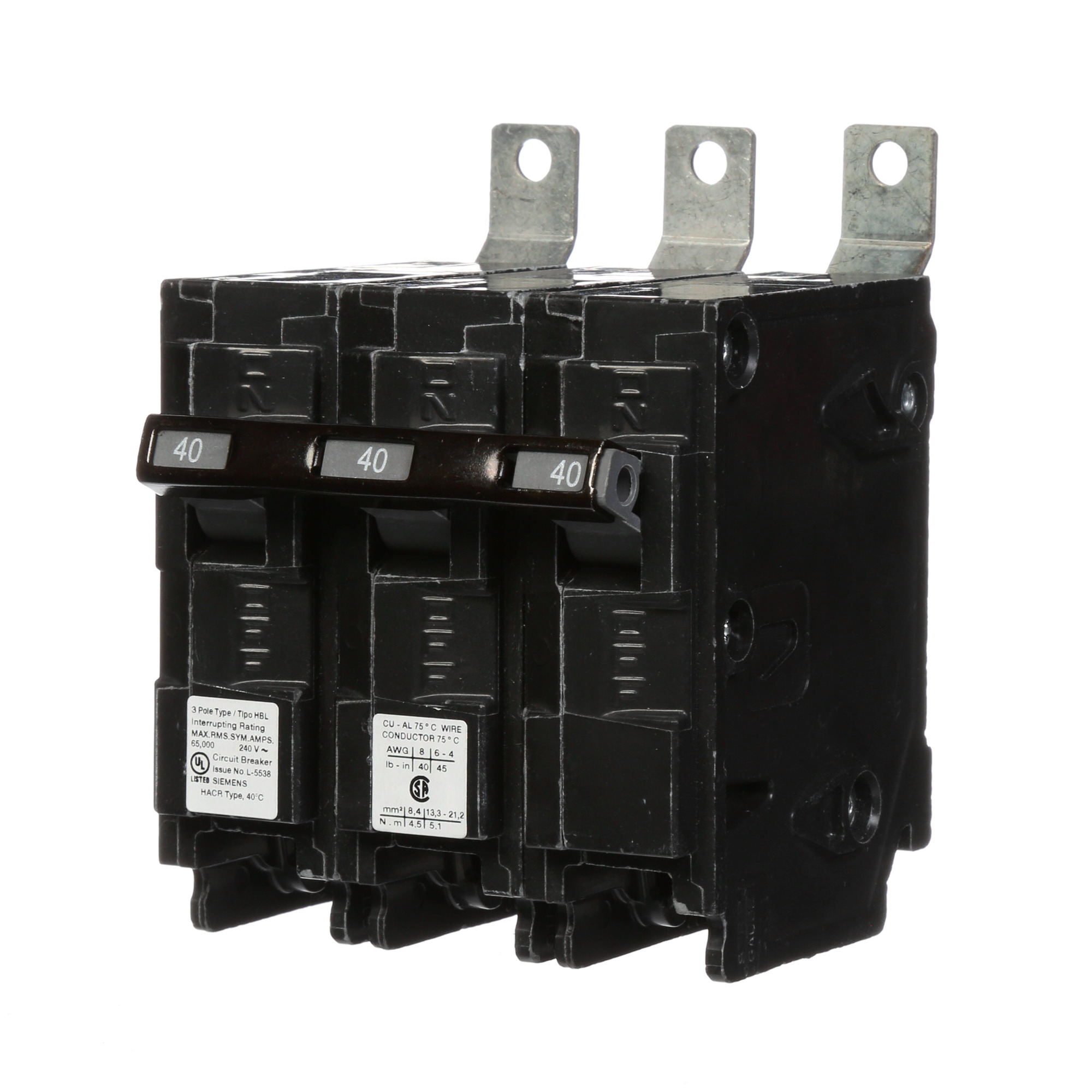  Low Voltage Molded Case Circuit Breakers Panelboard Mounting 240V Circuit Breakers - Type BL, 3-Pole, 240VAC are Circuit Protection Molded Case CircuitBreakers. Type HBL Application Electrical Distribution Standard UL 489 Voltage Rating 240V Amperage Rating 40A Trip Range Thermal Magnetic Interrupt Rating 65 AIC Number Of Poles 3P