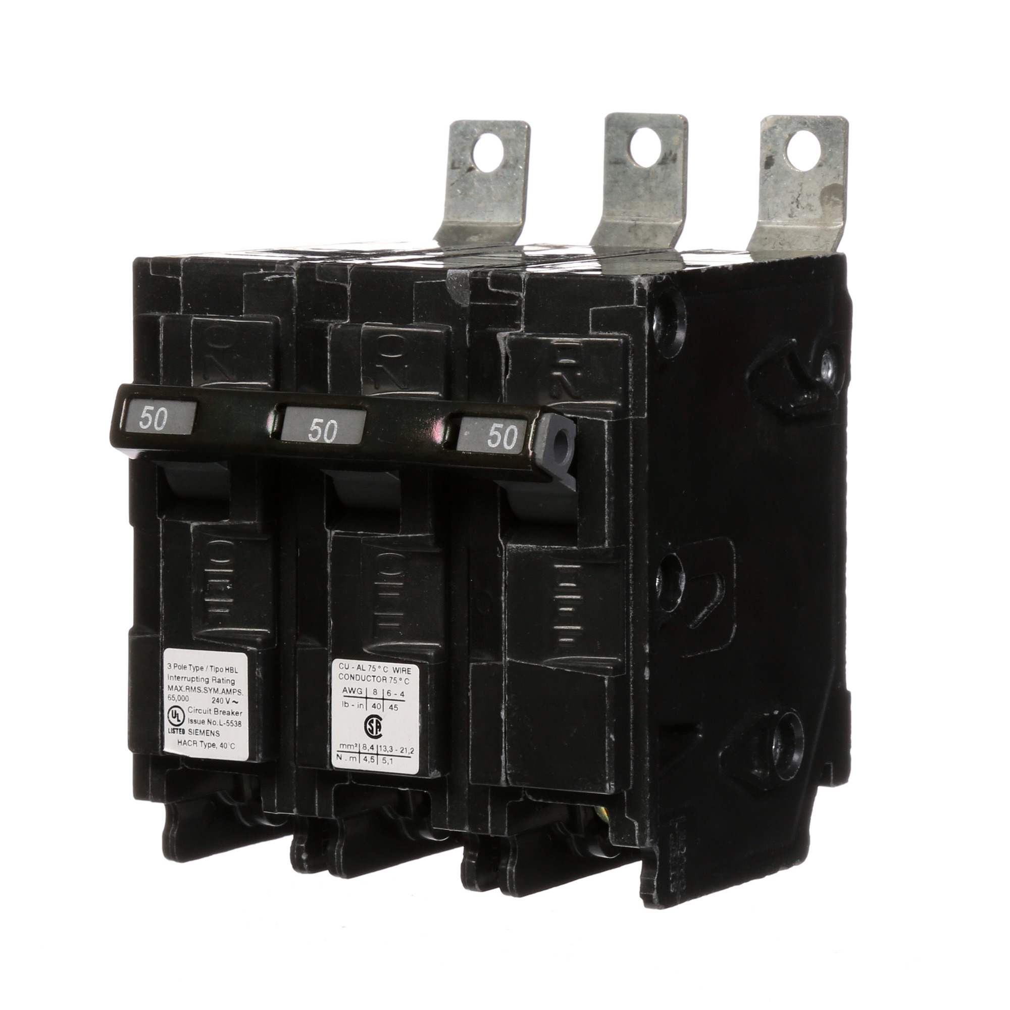  Low Voltage Molded Case Circuit Breakers Panelboard Mounting 240V Circuit Breakers - Type BL, 3-Pole, 240VAC are Circuit Protection Molded Case CircuitBreakers. Type HBL Application Electrical Distribution Standard UL 489 Voltage Rating 240V Amperage Rating 50A Trip Range Thermal Magnetic Interrupt Rating 65 AIC Number Of Poles 3P