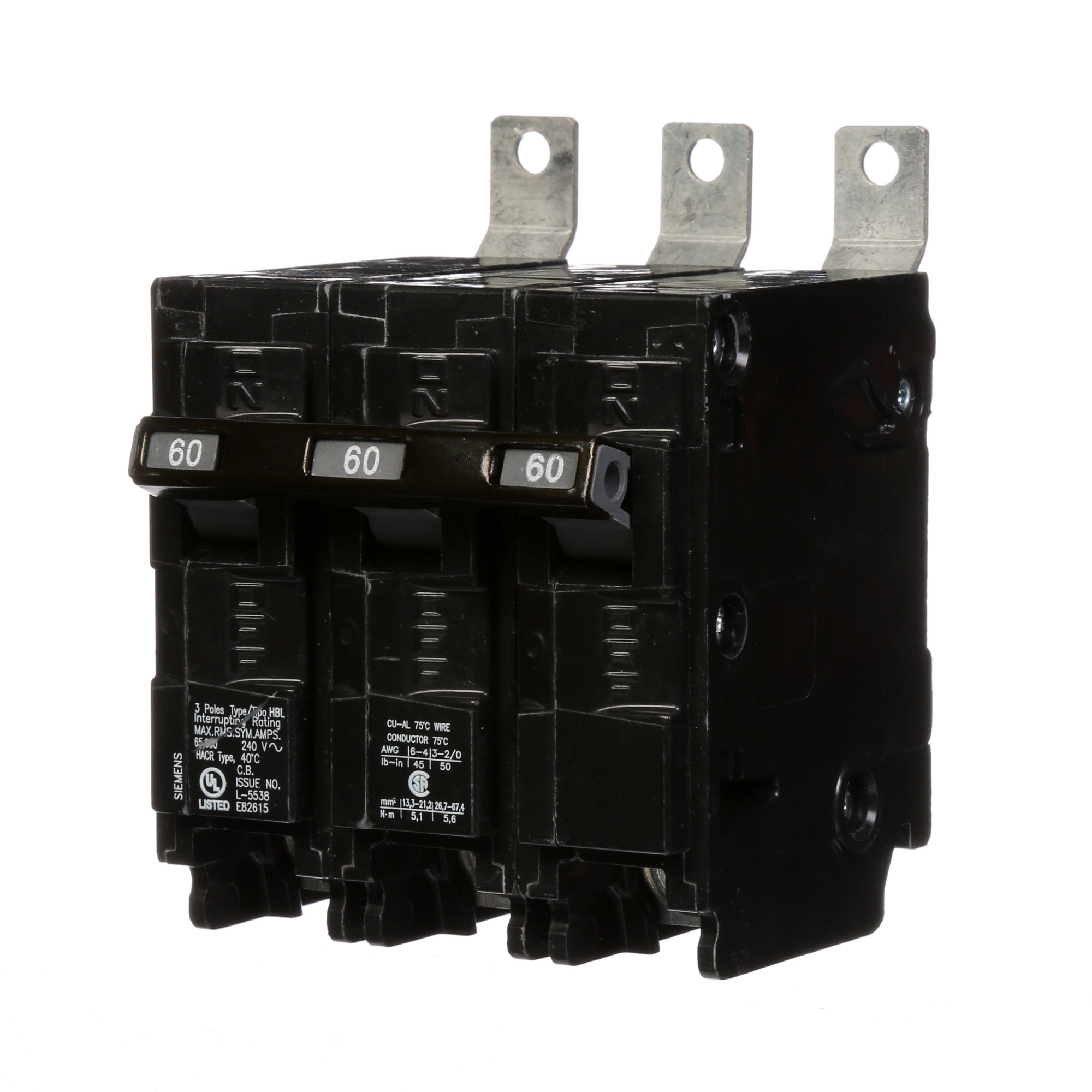  Low Voltage Molded Case Circuit Breakers Panelboard Mounting 240V Circuit Breakers - Type BL, 3-Pole, 240VAC are Circuit Protection Molded Case CircuitBreakers. Type HBL Application Electrical Distribution Standard UL 489 Voltage Rating 240V Amperage Rating 60A Trip Range Thermal Magnetic Interrupt Rating 65 AIC Number Of Poles 3P