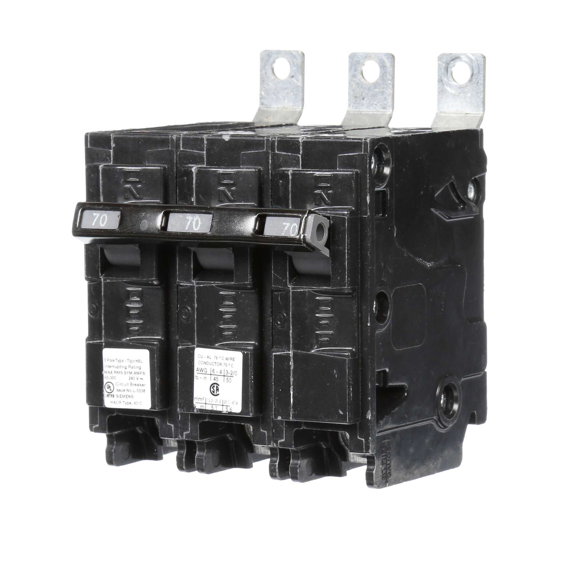  Low Voltage Molded Case Circuit Breakers Panelboard Mounting 240V Circuit Breakers - Type BL, 3-Pole, 240VAC are Circuit Protection Molded Case CircuitBreakers. Type HBL Application Electrical Distribution Standard UL 489 Voltage Rating 240V Amperage Rating 70A Trip Range Thermal Magnetic Interrupt Rating 65 AIC Number Of Poles 3P