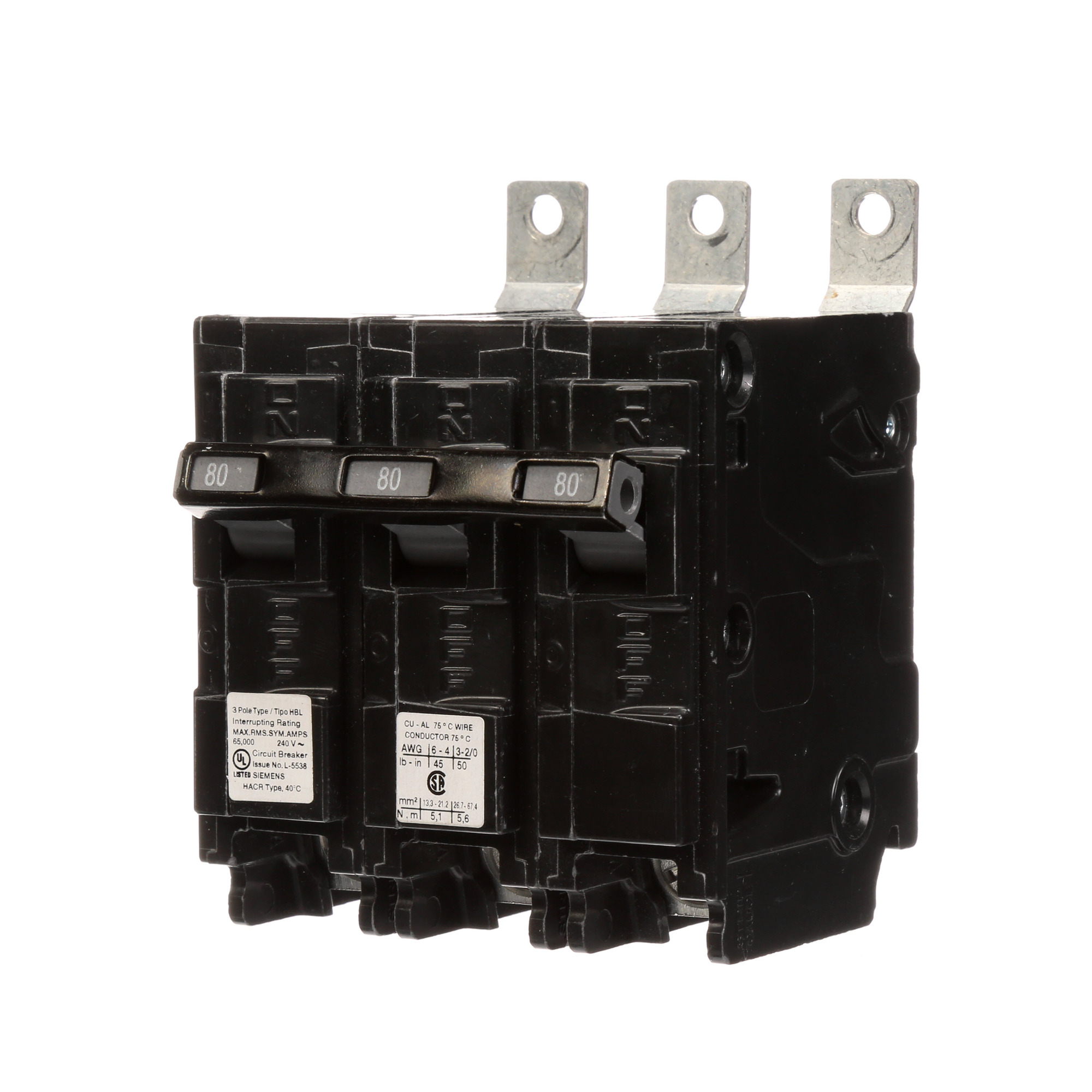  Low Voltage Molded Case Circuit Breakers Panelboard Mounting 240V Circuit Breakers - Type BL, 3-Pole, 240VAC are Circuit Protection Molded Case CircuitBreakers. Type HBL Application Electrical Distribution Standard UL 489 Voltage Rating 240V Amperage Rating 80A Trip Range Thermal Magnetic Interrupt Rating 65 AIC Number Of Poles 3P