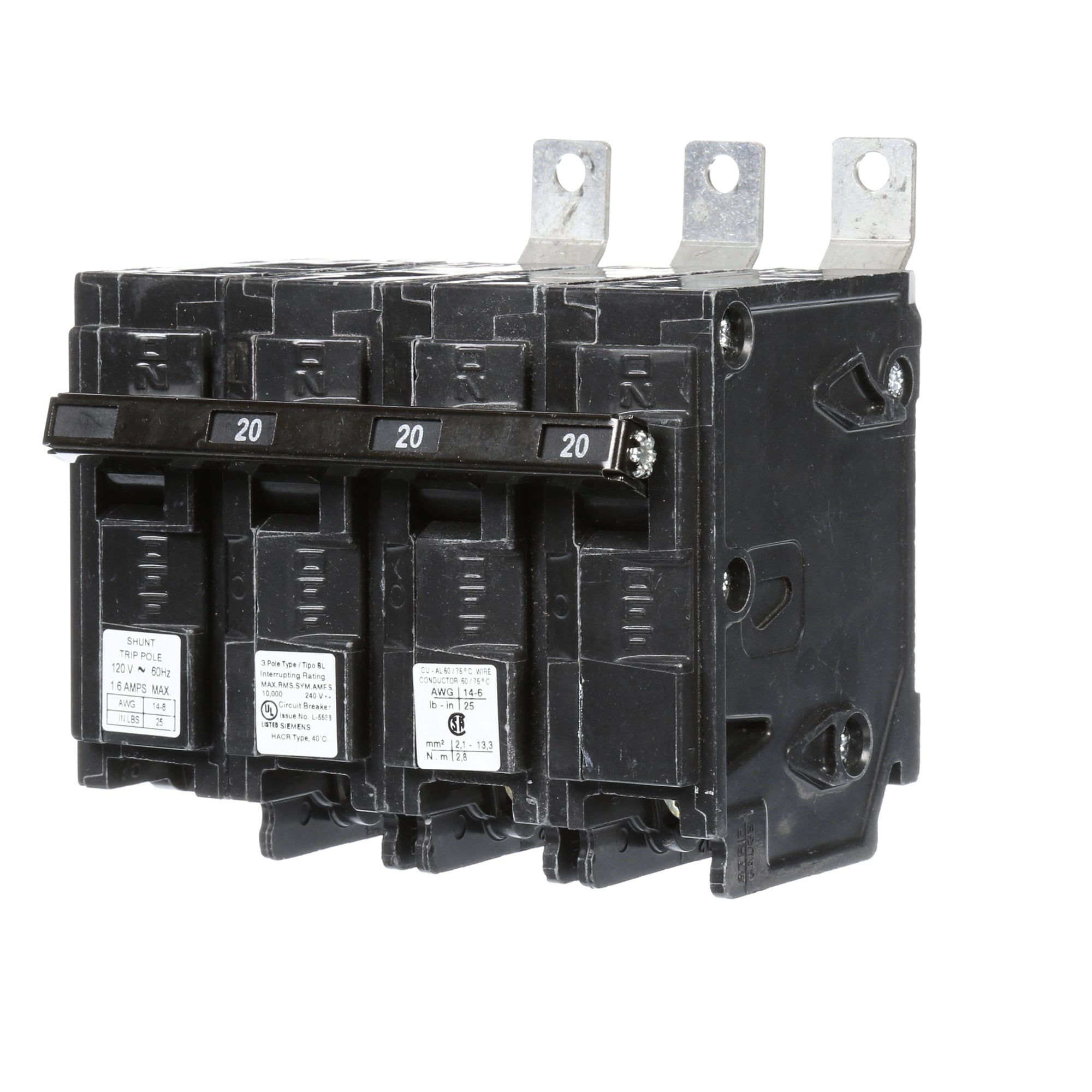  Low Voltage Molded Case Circuit Breakers Panelboard Mounting 240V Circuit Breakers - Type BL, 3-Pole, 240VAC are Circuit Protection Molded Case CircuitBreakers. Type BL Special Features Shunt Trip 120V Application Electrical Distribution Standard UL 489 Voltage Rating 120/240V Amperage Rating 20A Trip Range Thermal Magnetic Interrupt Rating 10 AIC Number Of Poles 3P