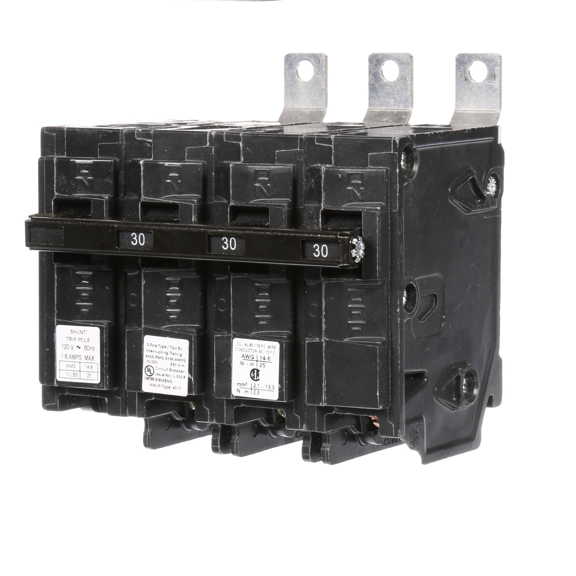  Low Voltage Molded Case Circuit Breakers Panelboard Mounting 240V Circuit Breakers - Type BL, 3-Pole, 240VAC are Circuit Protection Molded Case CircuitBreakers. Type BL Special Features Shunt Trip 120V Application Electrical Distribution Standard UL 489 Voltage Rating 120/240V Amperage Rating 30A Trip Range Thermal Magnetic Interrupt Rating 10 AIC Number Of Poles 3P