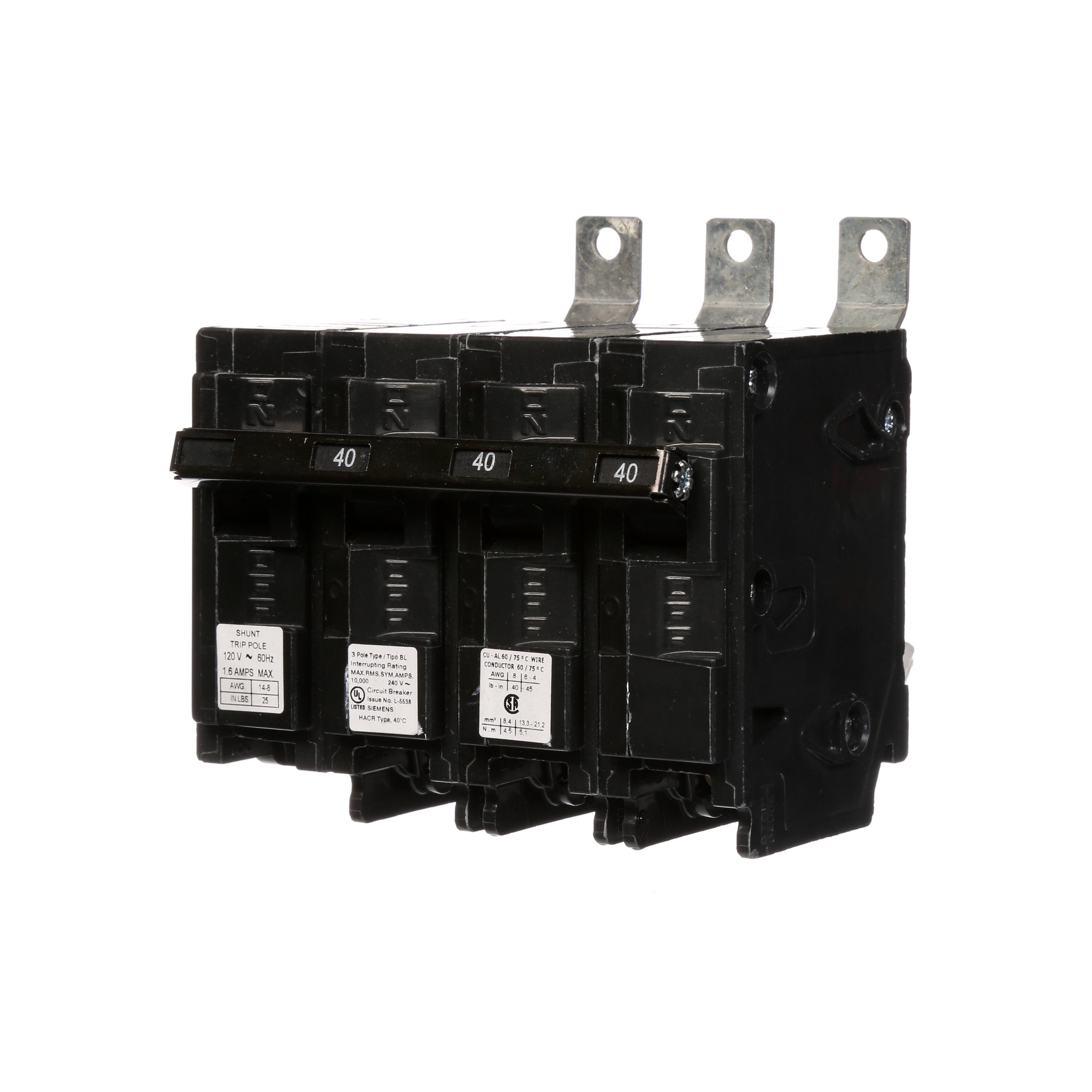  Low Voltage Molded Case Circuit Breakers Panelboard Mounting 240V Circuit Breakers - Type BL, 3-Pole, 240VAC are Circuit Protection Molded Case CircuitBreakers. Type BL Special Features Shunt Trip 120V Application Electrical Distribution Standard UL 489 Voltage Rating 120/240V Amperage Rating 40A Trip Range Thermal Magnetic Interrupt Rating 10 AIC Number Of Poles 3P