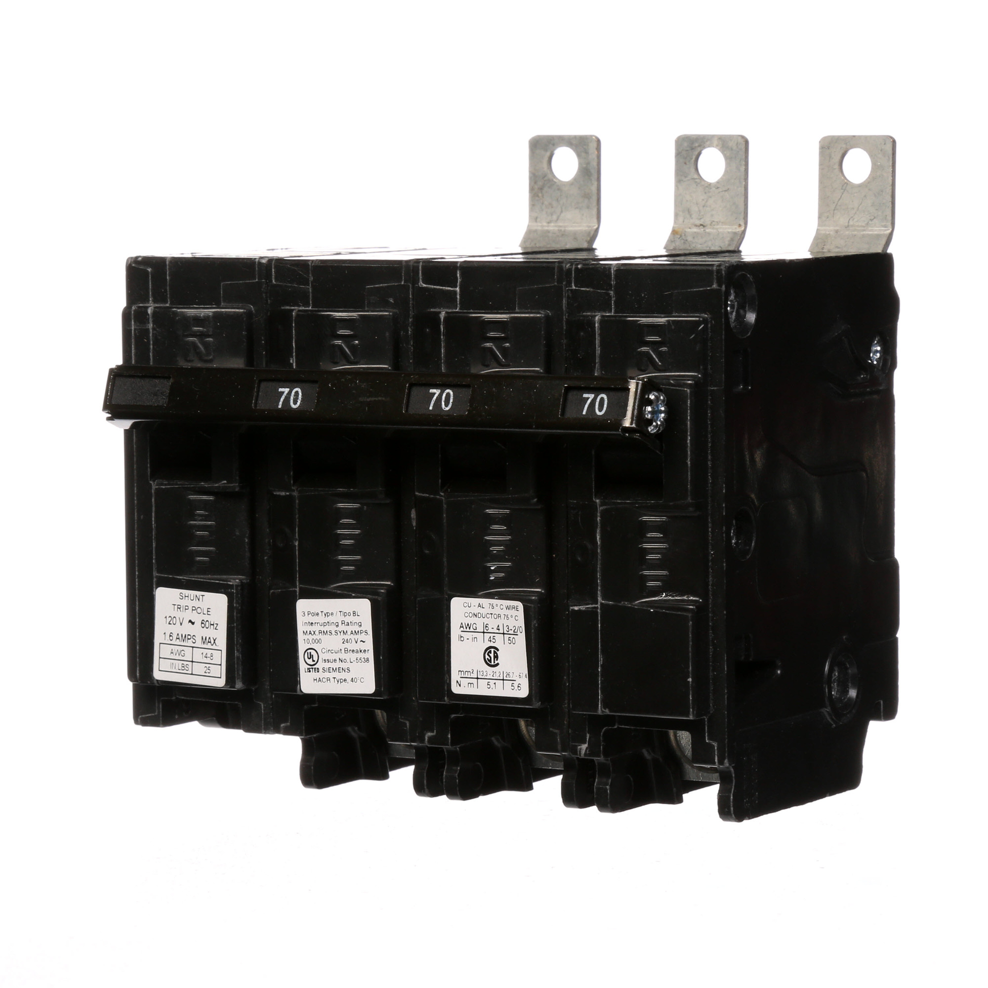  Low Voltage Molded Case Circuit Breakers Panelboard Mounting 240V Circuit Breakers - Type BL, 3-Pole, 240VAC are Circuit Protection Molded Case CircuitBreakers. Type BL Special Features Shunt Trip 120V Application Electrical Distribution Standard UL 489 Voltage Rating 120/240V Amperage Rating 70A Trip Range Thermal Magnetic Interrupt Rating 10 AIC Number Of Poles 3P