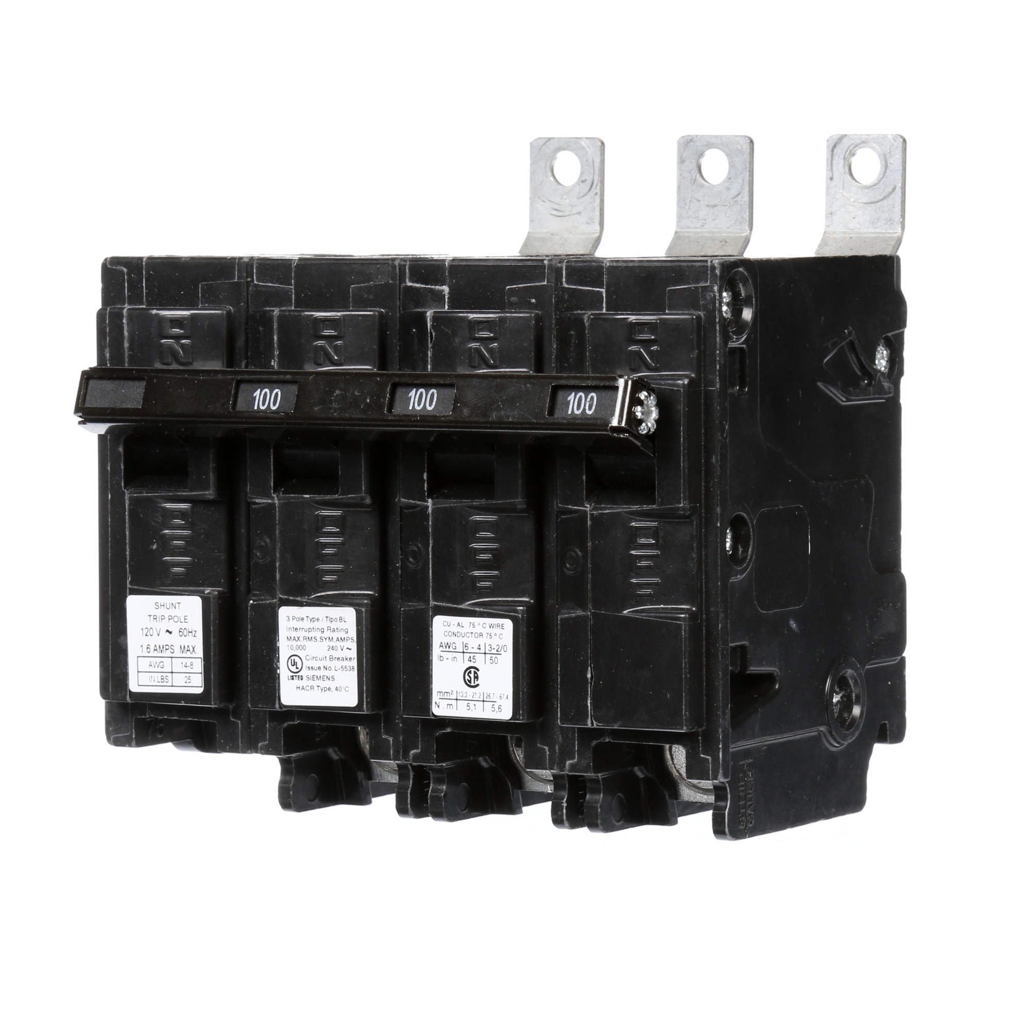  Low Voltage Molded Case Circuit Breakers Panelboard Mounting 240V Circuit Breakers - Type BL, 3-Pole, 240VAC are Circuit Protection Molded Case CircuitBreakers. Type BL Special Features Shunt Trip 120V Application Electrical Distribution Standard UL 489 Voltage Rating 120/240V Amperage Rating 100A Trip Range Thermal Magnetic Interrupt Rating 10 AIC Number Of Poles 3P