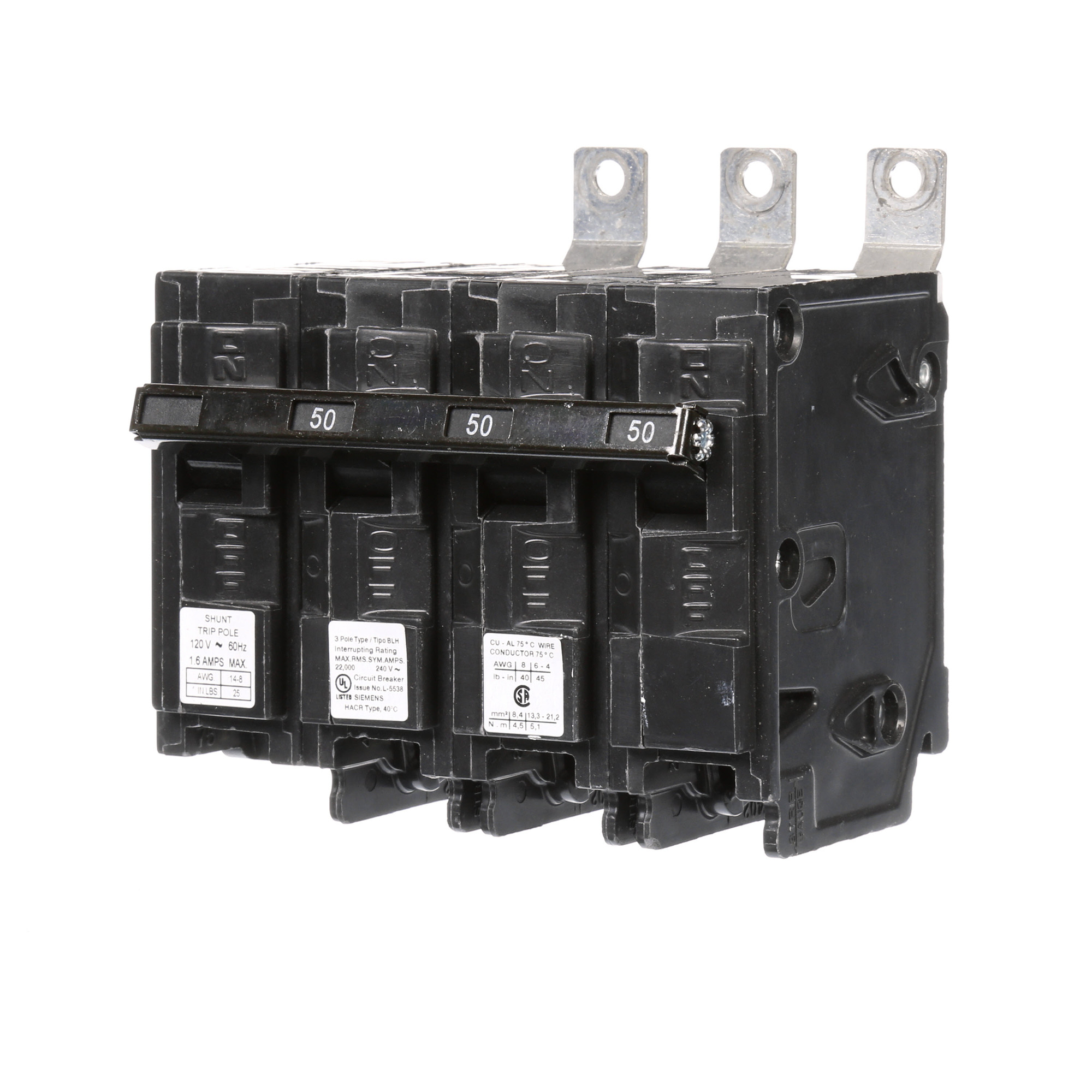  Low Voltage Molded Case Circuit Breakers Panelboard Mounting 240V Circuit Breakers - Type BL, 3-Pole, 240VAC are Circuit Protection Molded Case CircuitBreakers. Type BLH Special Features Shunt Trip 120V Application Electrical Distribution Standard UL 489 Voltage Rating 120/240V Amperage Rating 50A Trip Range Thermal Magnetic Interrupt Rating 22 AIC Number Of Poles 3P