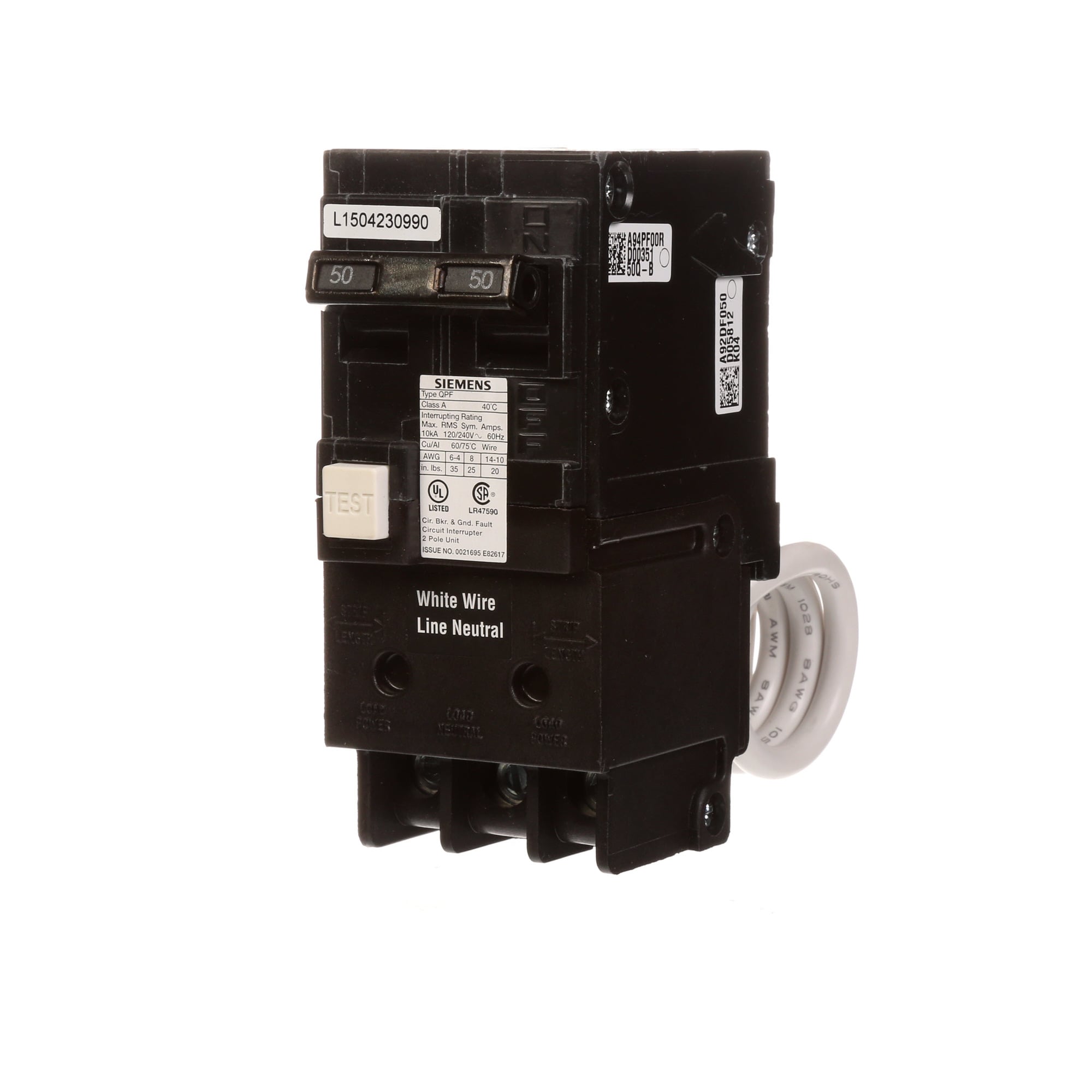  Low Voltage Residential Circuit Breakers Miniature Circuit Breakers GFCI - Personnel Protect 2-pole plug-on 10k are Circuit Protection Load Center Mains, Feeders, and Miniature Circuit Breakers. BREAKER 50A 2P 120/240V 10K QPF GFCI5MA