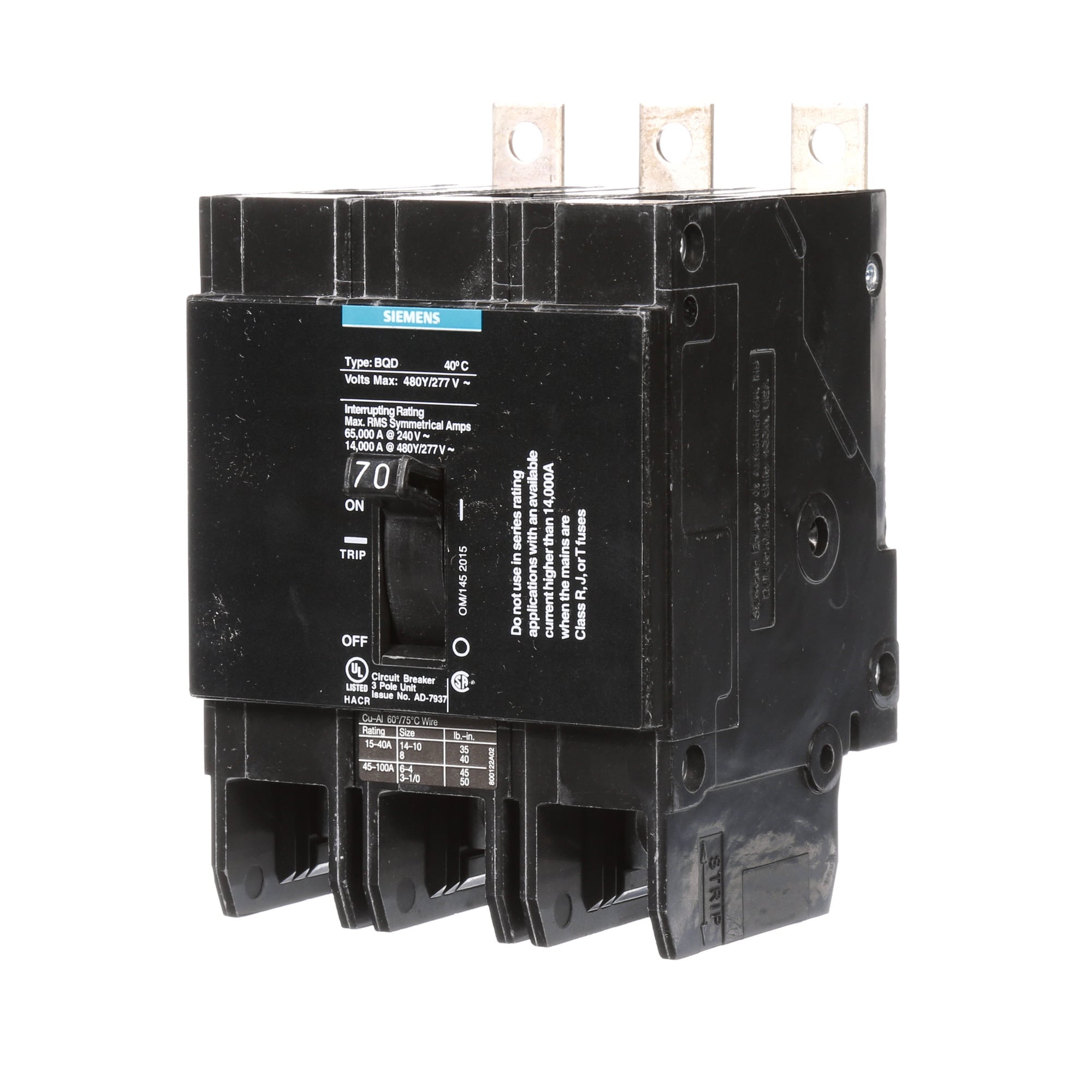  Low Voltage Molded Case Circuit Breakers Panelboard Mounting 480V Circuit Breakers - 3-pole, TM - BQD, 14KAIC, 480/277VAC are Circuit Protection MoldedCase Circuit Breakers. Type BQD Features PANELBOARD MOUNT Application CONSTRUCTION Std UL 489 CSA-C22.2 V. Rating 480/277V A. Rating 70A F. Rating 50/60HZ Frame 100A Trip Type THERMAL MAGNETIC TRIP UNIT Interrupt Rating 14KA No. Of Poles 3P Connection LOW TAB Material MOLDED CASE CIRCUIT BREAKER L 5 W 3