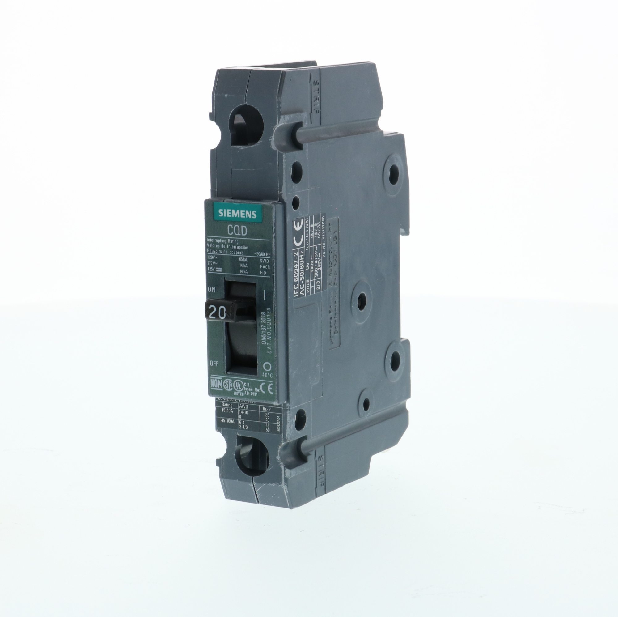 Low Voltage Molded Case Circuit Breakers General Purpose MCCBs - 1-pole, TM - CQD, 14KAIC, 277VAC are Circuit Protection Molded Case Circuit Breakers. BREAKER CQD 1-POLE20A 277VAC 14KA DIN RAIL RAIL
