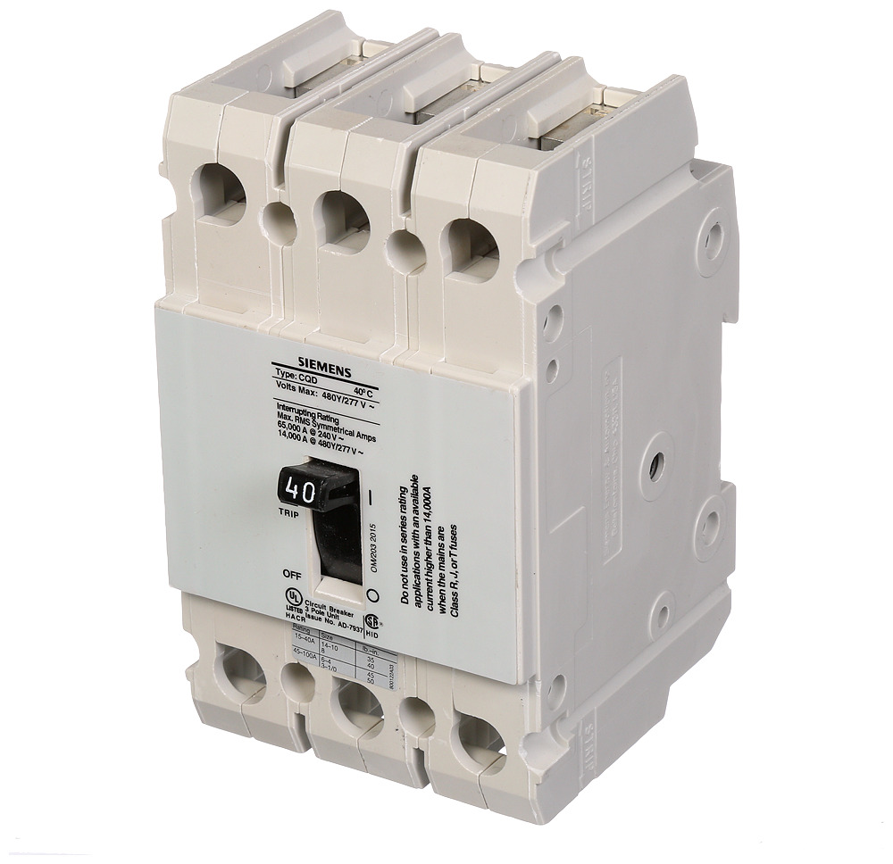  Low Voltage Molded Case Circuit Breakers General Purpose MCCBs - 3-pole, TM - CQD, 14KAIC, 480/277VAC are Circuit Protection Molded Case Circuit Breakers. BREAKER CQD 3-POLE40A 480/277V 14KA DIN RAIL
