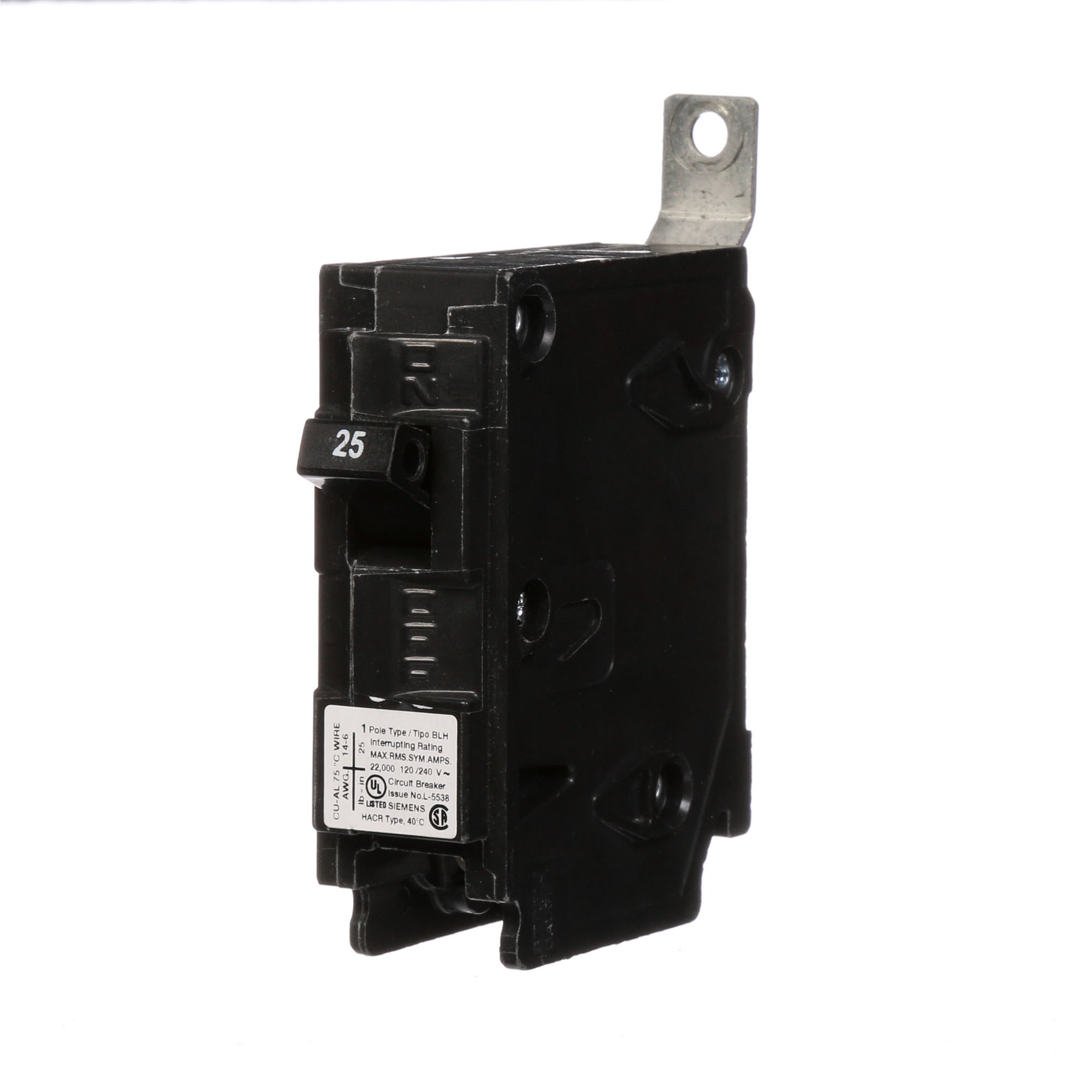  Low Voltage Molded Case Circuit Breakers Panelboard Mounting 240V Circuit Breakers - Type BL, 1-Pole, 120VAC are Circuit Protection Molded Case CircuitBreakers. Type BLH Application Electrical Distribution Standard UL 489 Voltage Rating 120V Amperage Rating 25A Trip Range Thermal Magnetic Interrupt Rating 22 AIC Number Of Poles 1P
