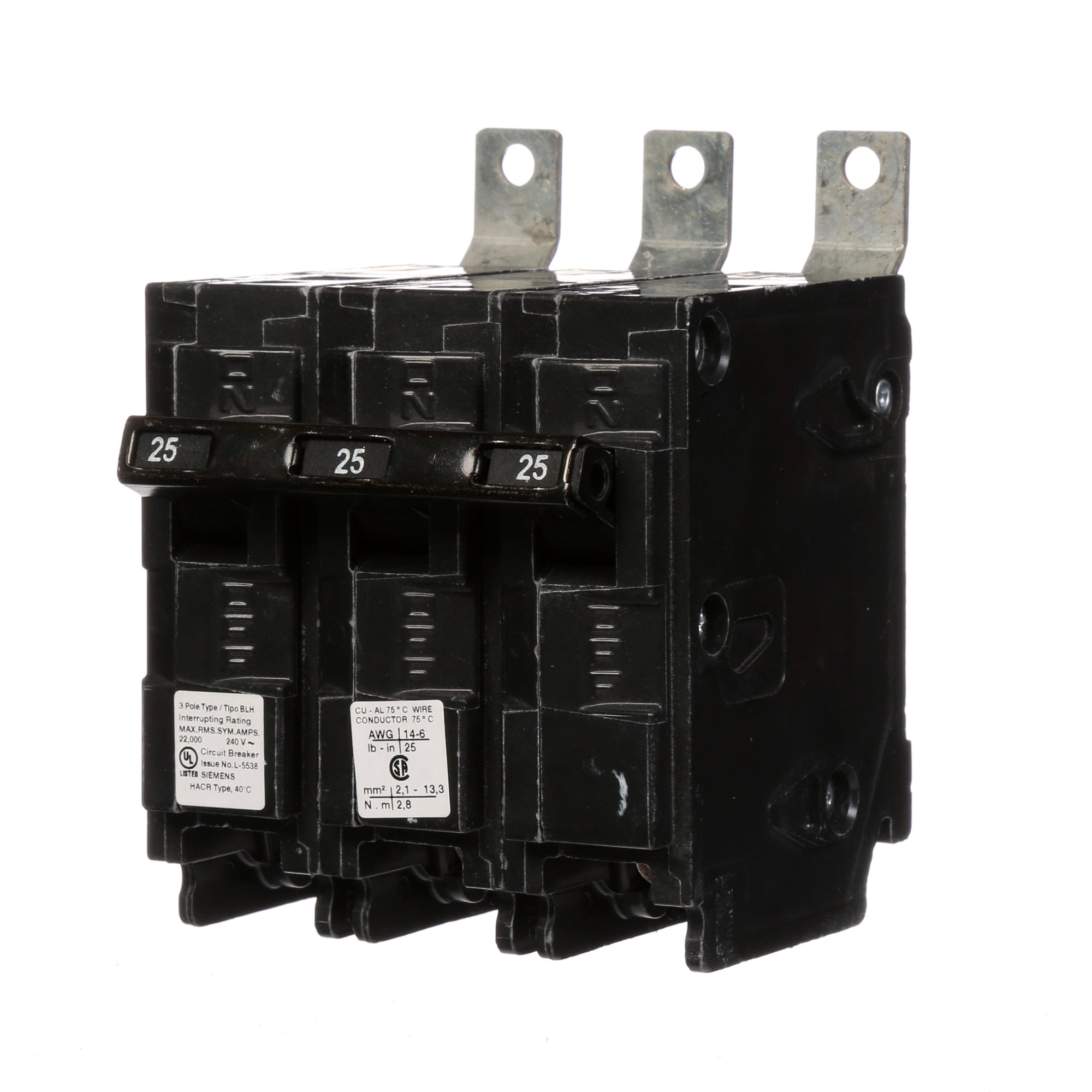  Low Voltage Molded Case Circuit Breakers Panelboard Mounting 240V Circuit Breakers - Type BL, 3-Pole, 240VAC are Circuit Protection Molded Case CircuitBreakers. Type BLH Application Electrical Distribution Standard UL 489 Voltage Rating 240V Amperage Rating 25A Trip Range Thermal Magnetic Interrupt Rating 22 AIC Number Of Poles 3P