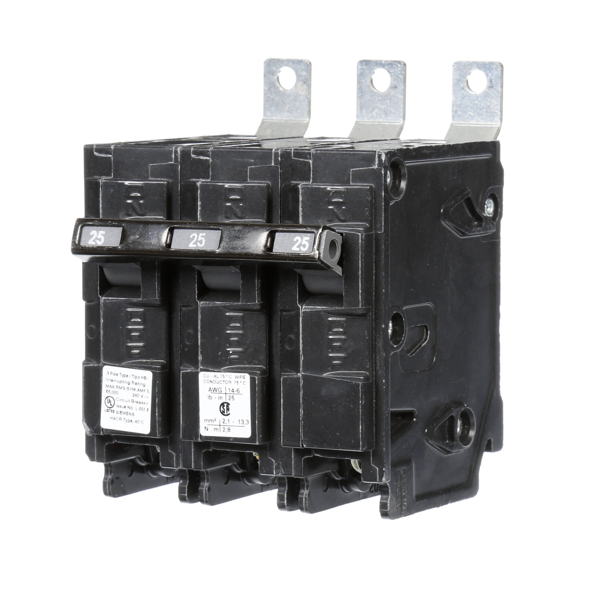  Low Voltage Molded Case Circuit Breakers Panelboard Mounting 240V Circuit Breakers - Type BL, 3-Pole, 240VAC are Circuit Protection Molded Case CircuitBreakers. Type HBL Application Electrical Distribution Standard UL 489 Voltage Rating 240V Amperage Rating 25A Trip Range Thermal Magnetic Interrupt Rating 65 AIC Number Of Poles 3P