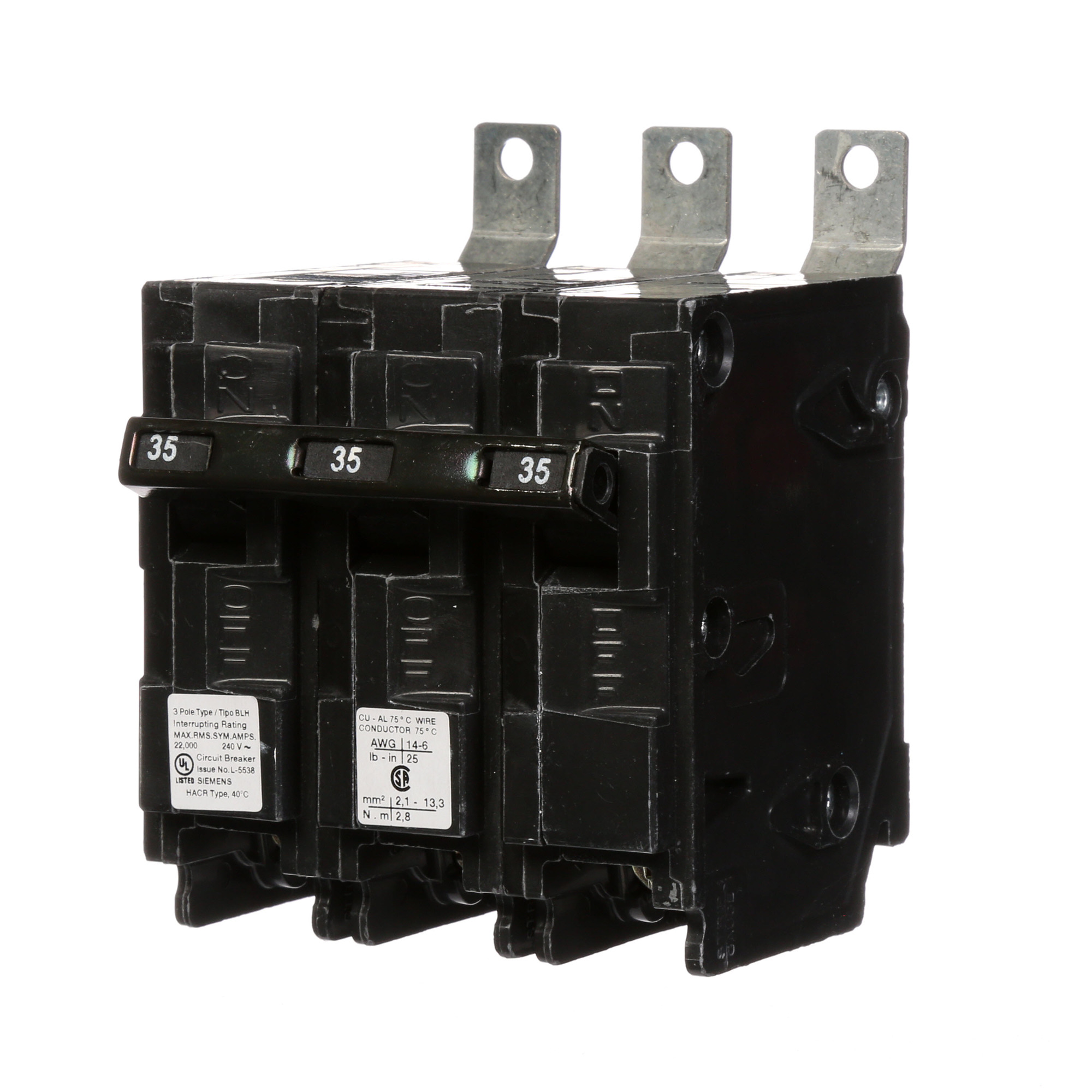  Low Voltage Molded Case Circuit Breakers Panelboard Mounting 240V Circuit Breakers - Type BL, 3-Pole, 240VAC are Circuit Protection Molded Case CircuitBreakers. Type BLH Application Electrical Distribution Standard UL 489 Voltage Rating 240V Amperage Rating 35A Trip Range Thermal Magnetic Interrupt Rating 22 AIC Number Of Poles 3P
