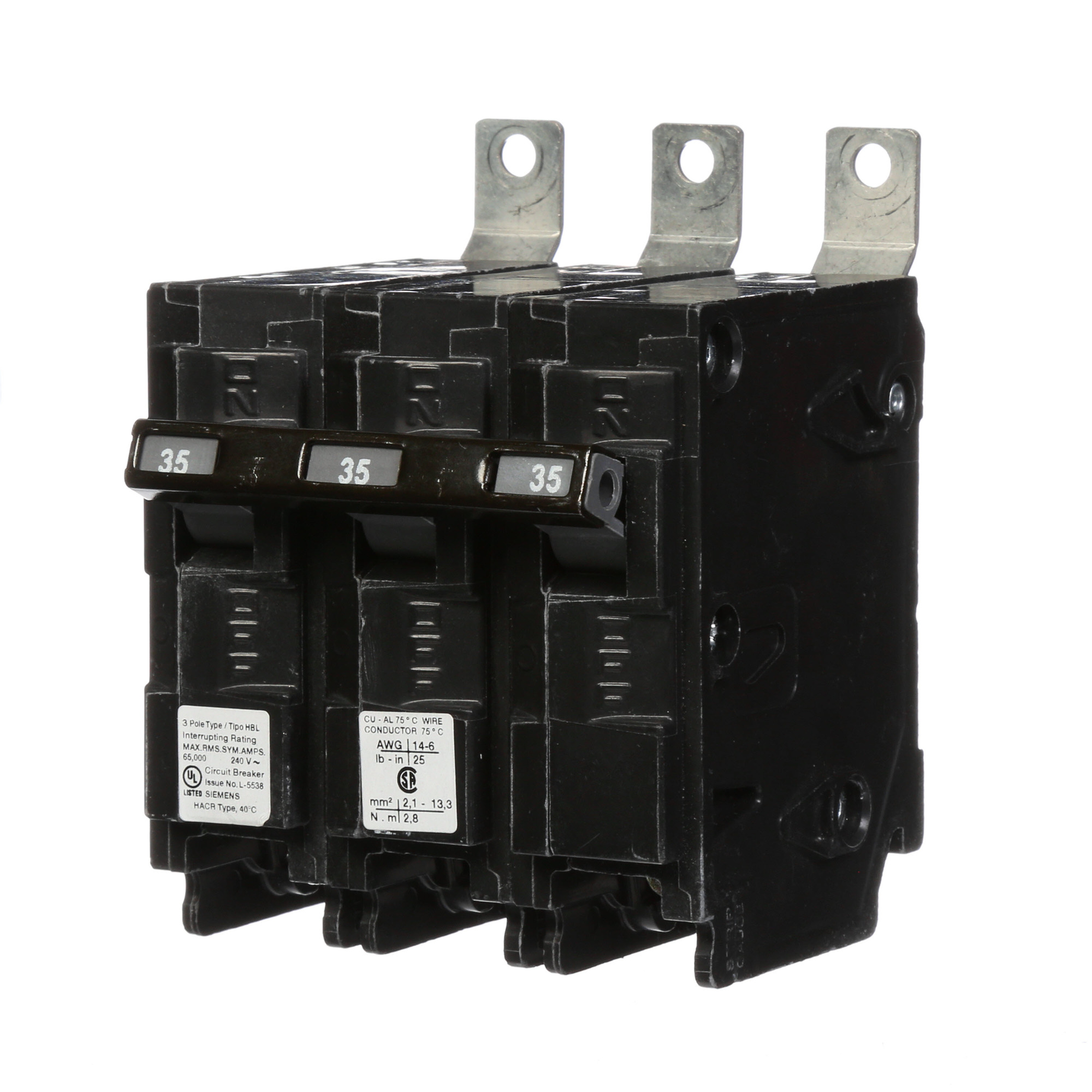  Low Voltage Molded Case Circuit Breakers Panelboard Mounting 240V Circuit Breakers - Type BL, 3-Pole, 240VAC are Circuit Protection Molded Case CircuitBreakers. Type HBL Application Electrical Distribution Standard UL 489 Voltage Rating 240V Amperage Rating 35A Trip Range Thermal Magnetic Interrupt Rating 65 AIC Number Of Poles 3P