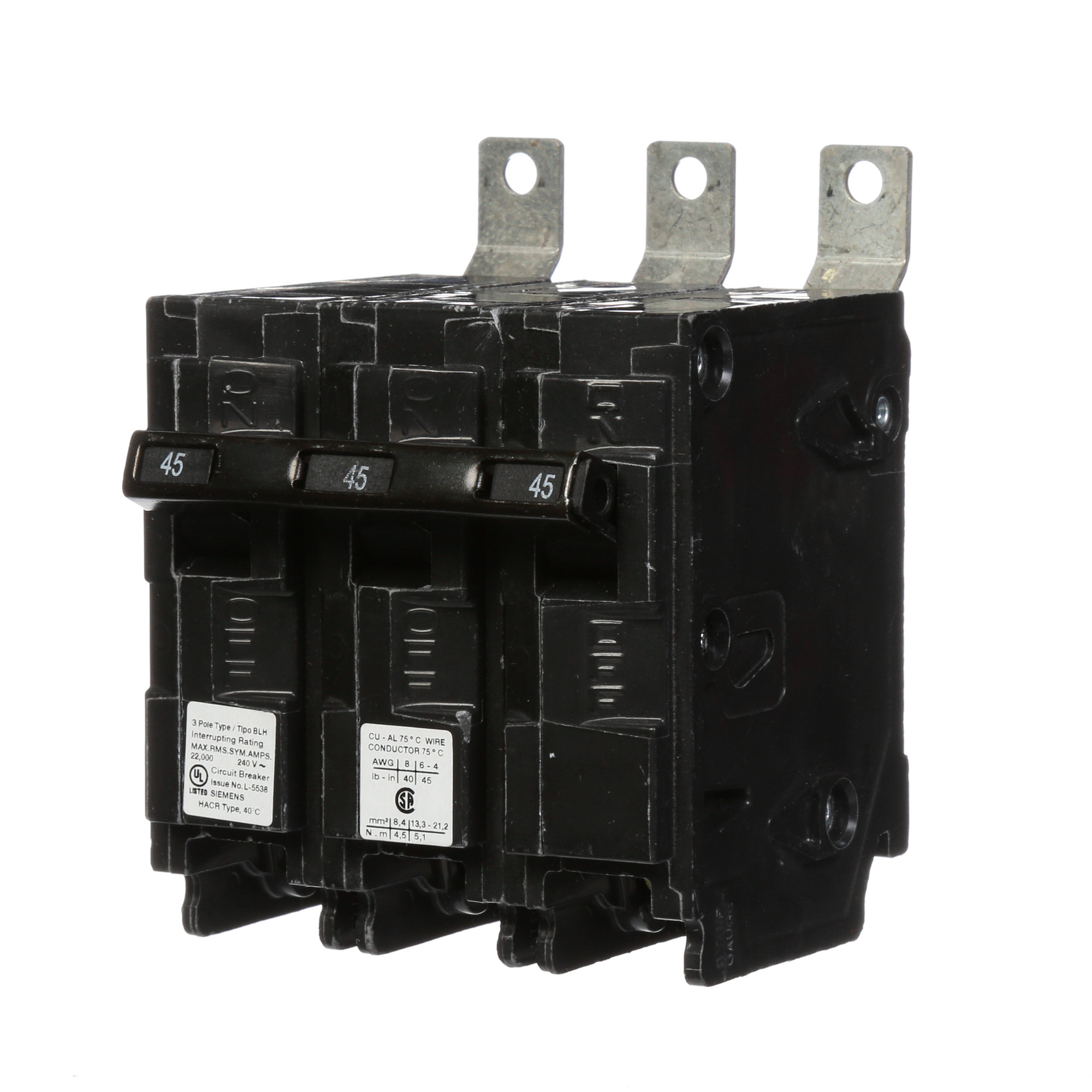  Low Voltage Molded Case Circuit Breakers Panelboard Mounting 240V Circuit Breakers - Type BL, 3-Pole, 240VAC are Circuit Protection Molded Case CircuitBreakers. Type BLH Application Electrical Distribution Standard UL 489 Voltage Rating 240V Amperage Rating 45A Trip Range Thermal Magnetic Interrupt Rating 22 AIC Number Of Poles 3P