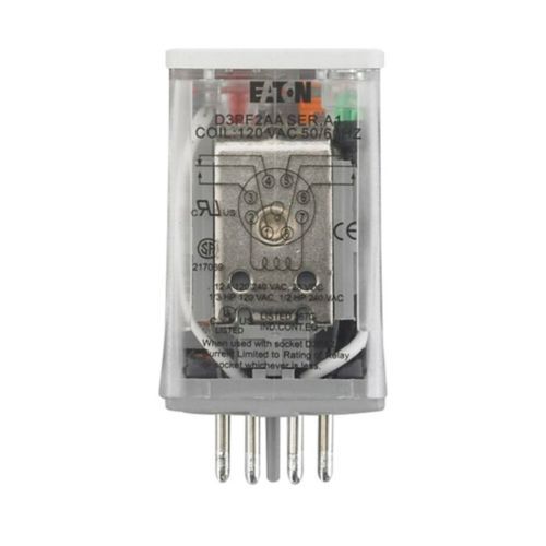 D3 Series General Purpose Plug-In Relay, Full featured cover, 8 pins, 120V coil, 1700 Ohms resistance, Octal terminal, DPDT contact configuration, 16A contact rating, Silver alloy contacts, IP40 enclosure
