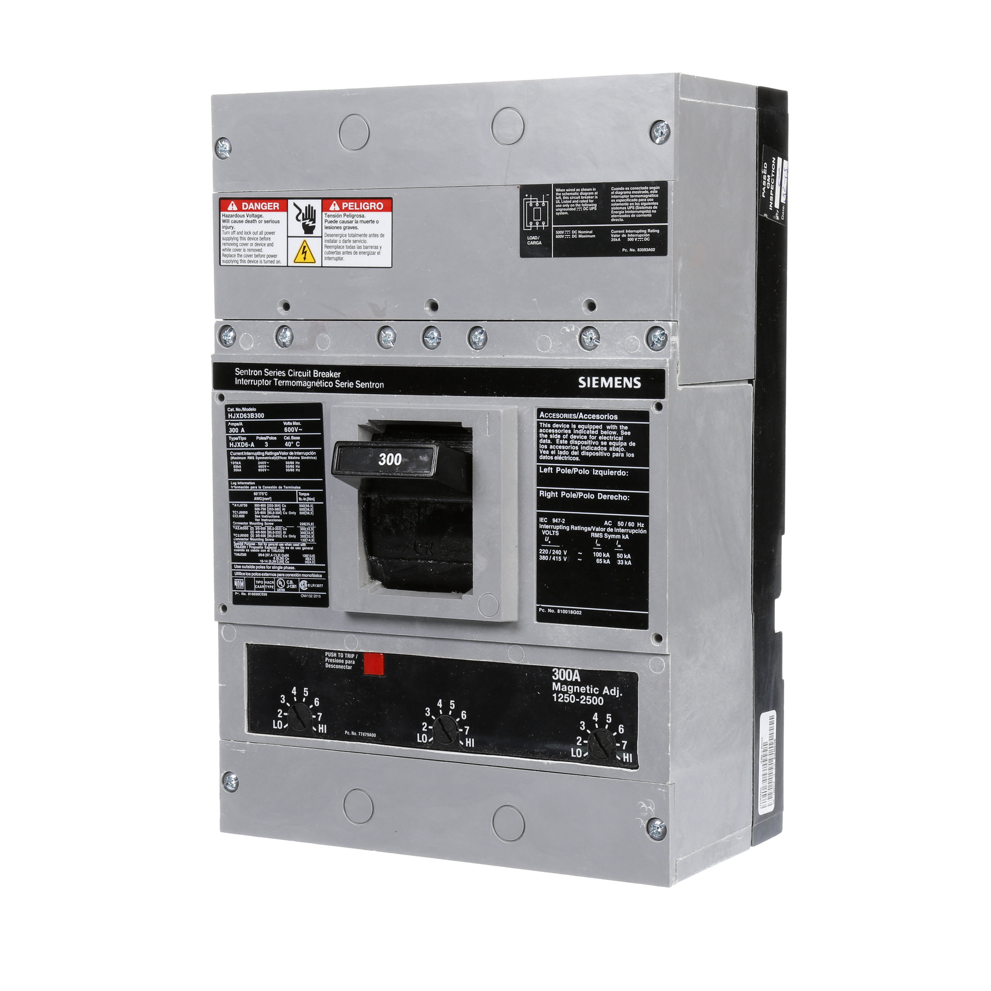  LOW VOLTAGE SENTRON MOLDED CASE CIRCUIT BREAKER WITH THERMAL - MAGNETICTRIP UNIT. ASSEMBLED STANDARD 40 DEG C BREAKER JD FRAME WITH HIGH BREAKING CAPACITY. 300A 3-POLE (35KAIC AT 600V) (65KAIC AT 480V). NON-INTERCHANGEABLE TRIP UNIT. SPECIAL FEATURES NO LUGS INSTALLED. DIMENSIONS (W x H x D) IN 7.50 x 11.0 x 4.00.