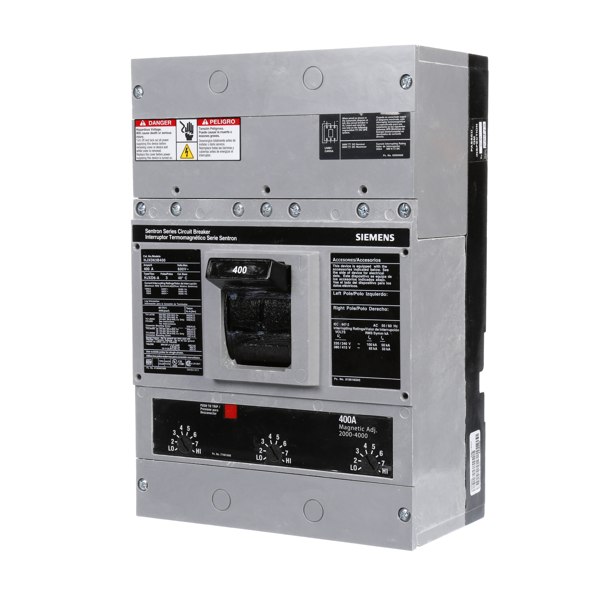  LOW VOLTAGE SENTRON MOLDED CASE CIRCUIT BREAKER WITH THERMAL - MAGNETICTRIP UNIT. ASSEMBLED STANDARD 40 DEG C BREAKER JD FRAME WITH HIGH BREAKING CAPACITY. 400A 3-POLE (35KAIC AT 600V) (65KAIC AT 480V). NON-INTERCHANGEABLE TRIP UNIT. SPECIAL FEATURES NO LUGS INSTALLED. DIMENSIONS (W x H x D) IN 7.50 x 11.0 x 4.00.