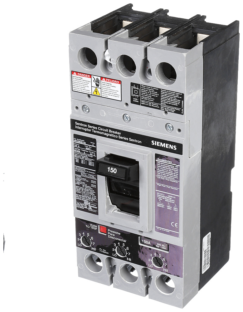  LOW VOLTAGE SENTRON MOLDED CASE CIRCUIT BREAKER WITH THERMAL - MAGNETICTRIP UNIT. ASSEMBLED STANDARD 40 DEG C BREAKER FD FRAME WITH HIGH BREAKING CAPACITY. 150A 3-POLE (25KAIC AT 600V) (65KAIC AT 480V). NON-INTERCHANGEABLE TRIP UNIT. SPECIAL FEATURES NO LUGS INSTALLED. DIMENSIONS (W x H x D) IN 4.50 x 9.5 x 4.00.