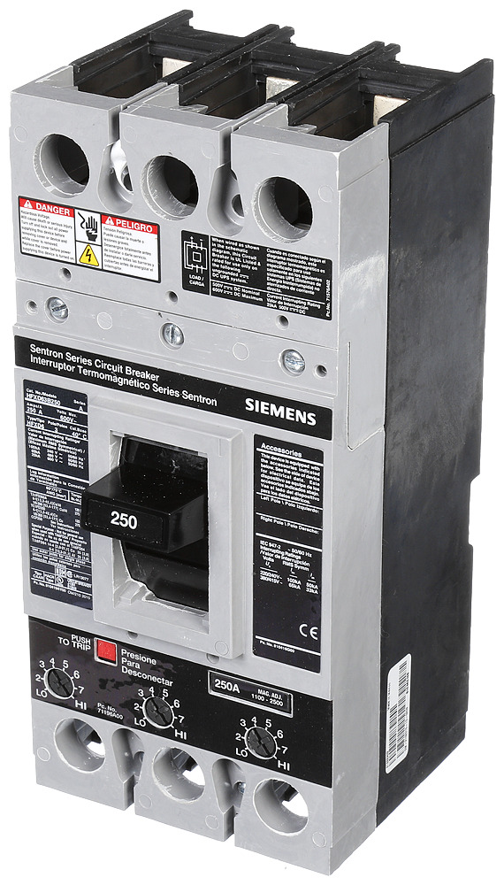  LOW VOLTAGE SENTRON MOLDED CASE CIRCUIT BREAKER WITH THERMAL - MAGNETICTRIP UNIT. ASSEMBLED STANDARD 40 DEG C BREAKER FD FRAME WITH HIGH BREAKING CAPACITY. 250A 3-POLE (25KAIC AT 600V) (65KAIC AT 480V). NON-INTERCHANGEABLE TRIP UNIT. SPECIAL FEATURES NO LUGS INSTALLED. DIMENSIONS (W x H x D) IN 4.50 x 9.5 x 4.00.
