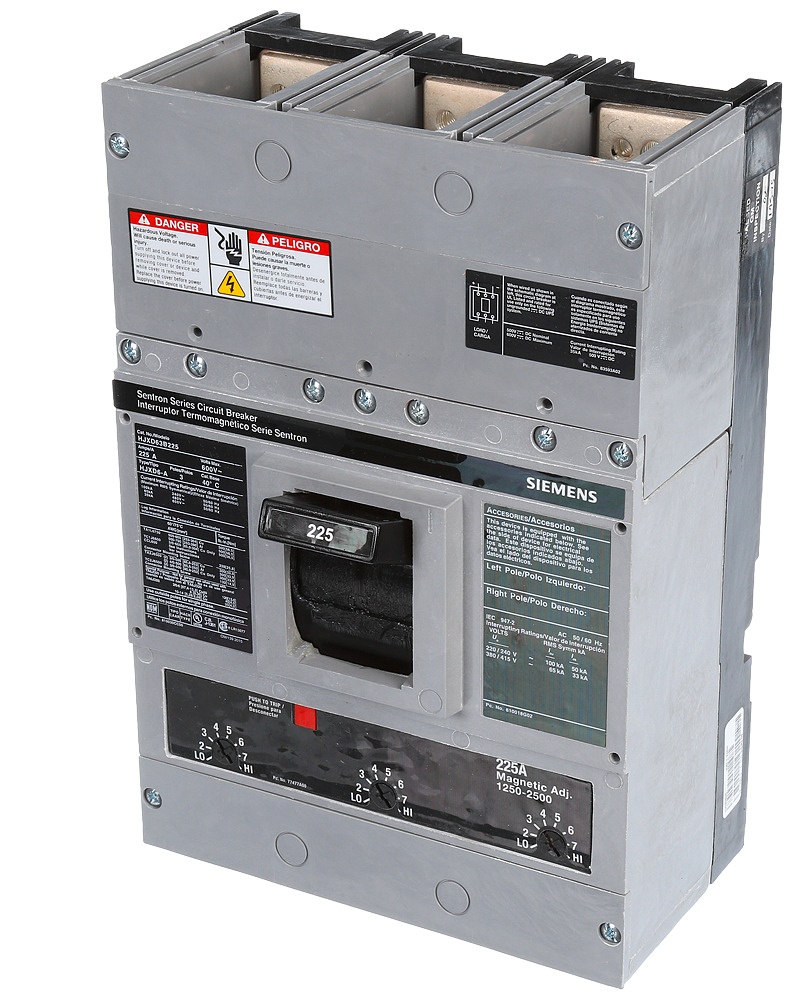  LOW VOLTAGE SENTRON MOLDED CASE CIRCUIT BREAKER WITH THERMAL - MAGNETICTRIP UNIT. ASSEMBLED STANDARD 40 DEG C BREAKER JD FRAME WITH HIGH BREAKING CAPACITY. 225A 3-POLE (35KAIC AT 600V) (65KAIC AT 480V). NON-INTERCHANGEABLE TRIP UNIT. SPECIAL FEATURES NO LUGS INSTALLED. DIMENSIONS (W x H x D) IN 7.50 x 11.0 x 4.00.