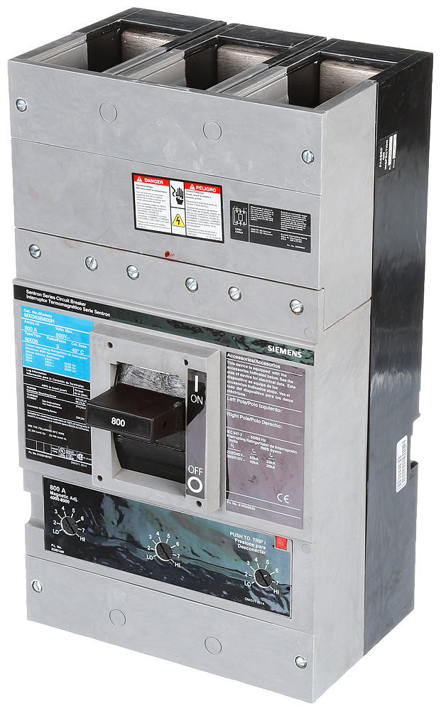  LOW VOLTAGE SENTRON MOLDED CASE CIRCUIT BREAKER WITH THERMAL - MAGNETICTRIP UNIT. ASSEMBLED 100 PERCENT RATED STANDARD 40 DEG C BREAKER MD FRAME WITH STANDARD BREAKING CAPACITY. 800A 3-POLE (25KAIC AT 600V) (50KAIC AT 480V). NON-INTERCHANGEABLE TRIP UNIT. SPECIAL FEATURES NO LUGS INSTALLED. DIMENSIONS (W x H x D) IN 9.00 x 16.0 x 6.00.