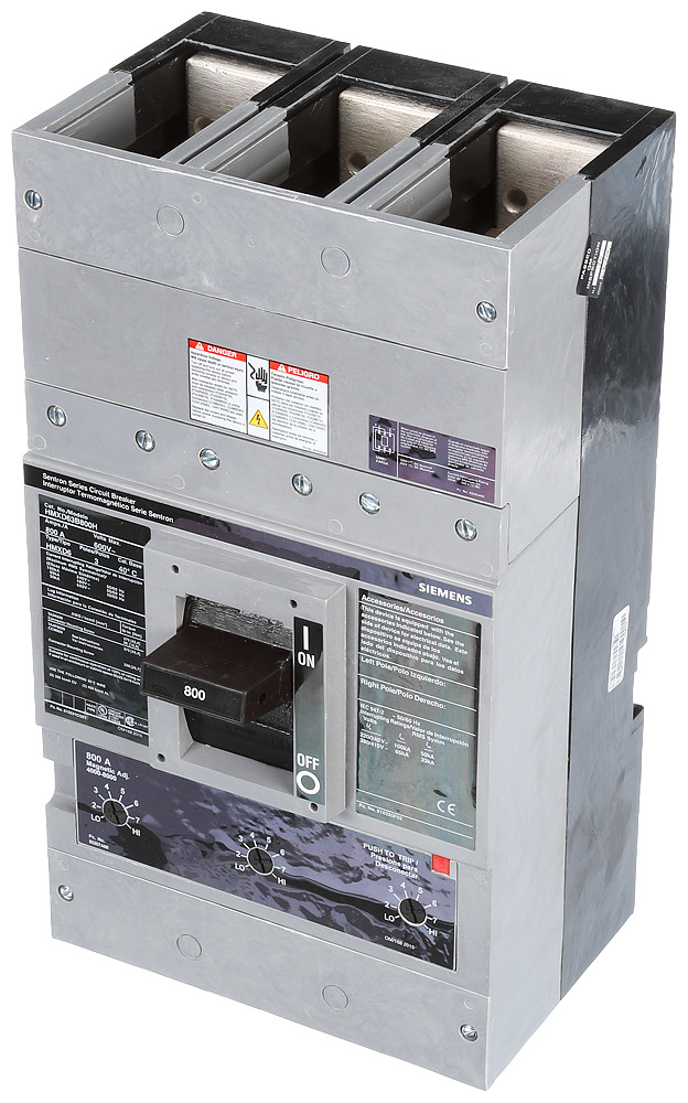  LOW VOLTAGE SENTRON MOLDED CASE CIRCUIT BREAKER WITH THERMAL - MAGNETICTRIP UNIT. ASSEMBLED 100 PERCENT RATED STANDARD 40 DEG C BREAKER MD FRAME WITH HIGH BREAKING CAPACITY. 800A 3-POLE (50KAIC AT 600V) (65KAIC AT 480V). NON-INTERCHANGEABLE TRIP UNIT. SPECIAL FEATURES NO LUGS INSTALLED. DIMENSIONS (W x H x D)IN 9.00 x 16.0 x 6.00.
