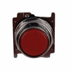 Eaton 10250T pushbutton, 30.5 mm, Heavy-Duty, NEMA 3, 3R, 4, 4X, 12, 13, Non-illuminated, Momentary, Red actuator, Flush, 1NO-1NC, Chrome bezel, Plastic actuator