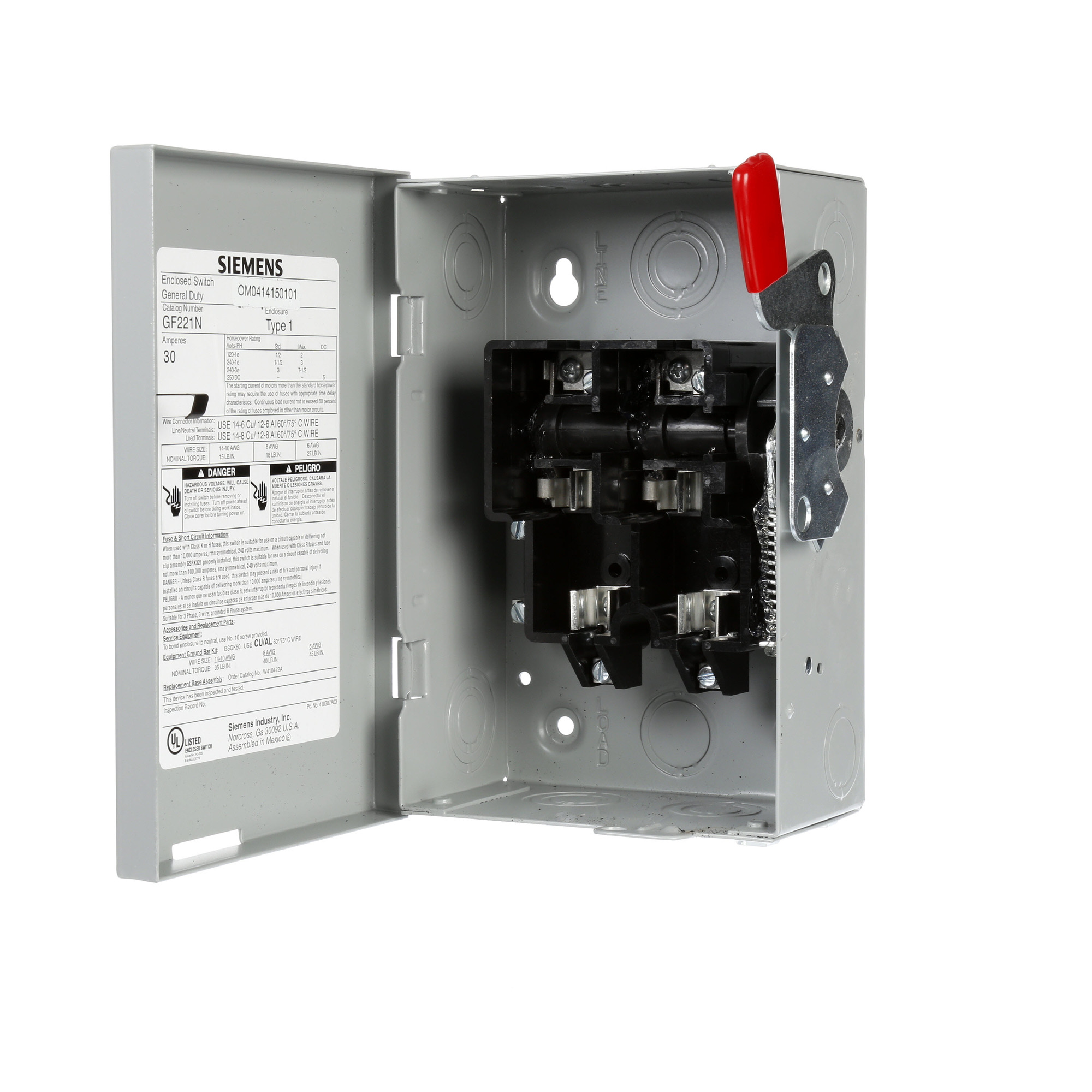 Low Voltage Circuit Protection General Duty Safety Switch. 2-Pole 2-Fuse and solid neutral Fused in a type 1 enclosure (indoor). Rated 240VAC (30A). Horse power (Std, Time delay) fused 1-PH 2-W (1-1/2, 3), 3-PH 3-W (3, 7-1/2), 250VDC (5). Special features service entrance labeled suitable for 3-PH motor loads.